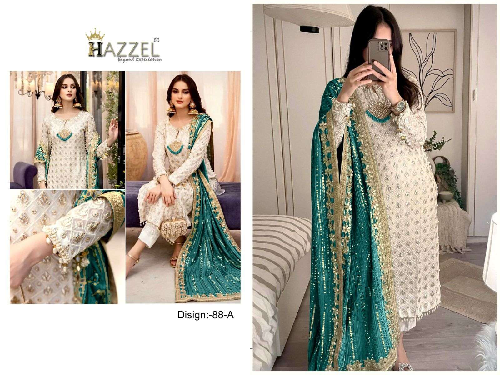 HAZZEL 088-A TO 088-F SERIES BY HAZZEL FAUX GEORGETTE HEAVY WORK PAKISTANI DRESSES