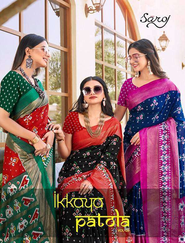 IKKAT PATOLA VOL-9 BY SAROJ 1001 TO 1008 SERIES COTTON SILK PRINT WORK SAREES