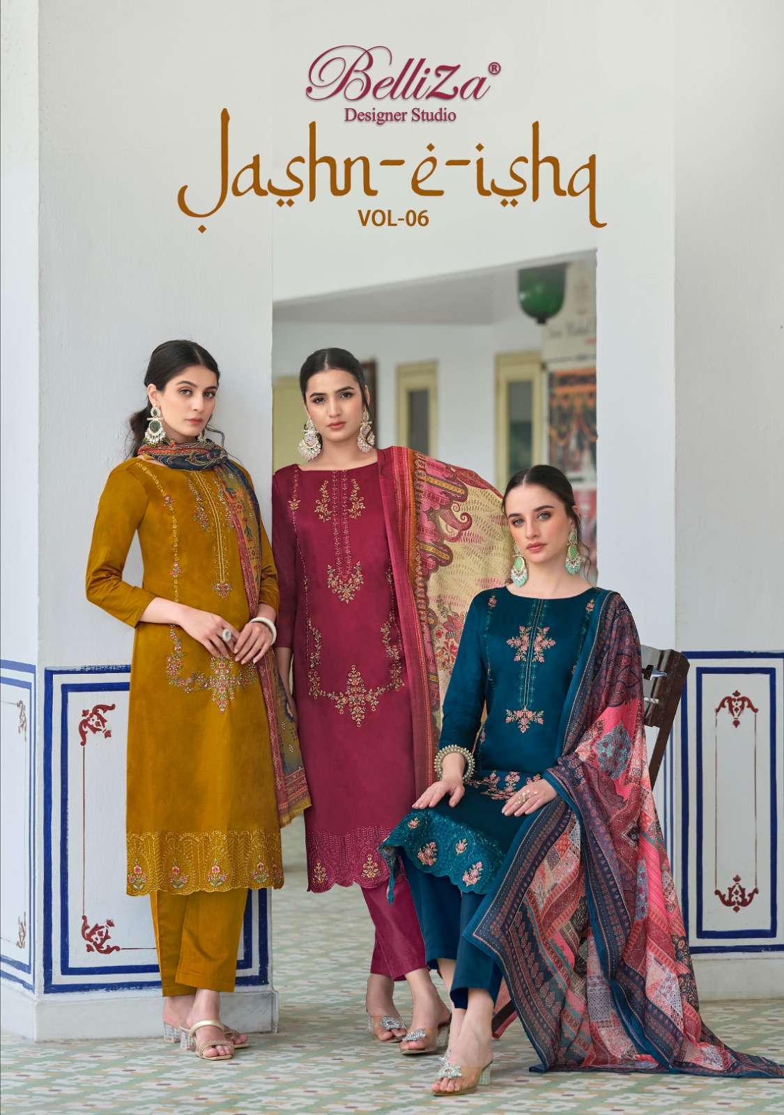 JASHN-E-ISHQ VOL-6 BY BELLIZA 909-001 TO 909-006 SERIES COTTON PRINT WORK DRESSES