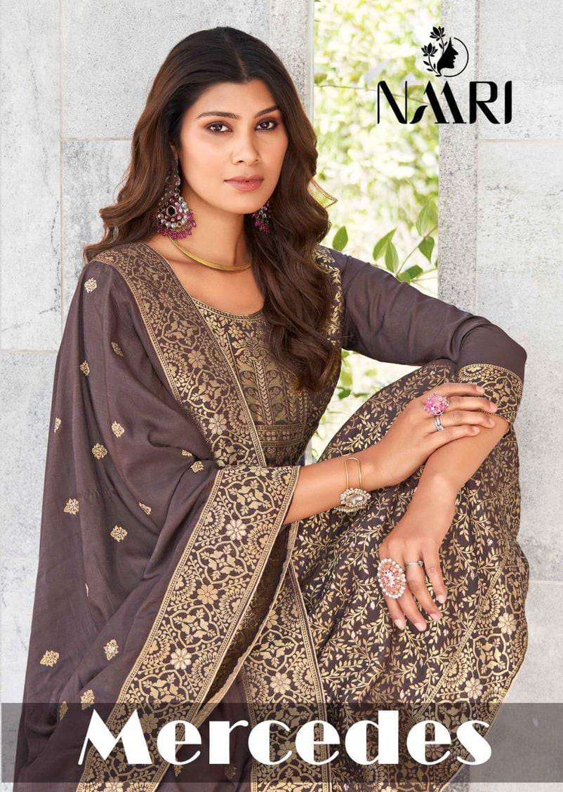 MERCEDES BY NAARI 77001 TO 77004 SERIES PURE MUSLIN JACQUARD WORK DRESSES