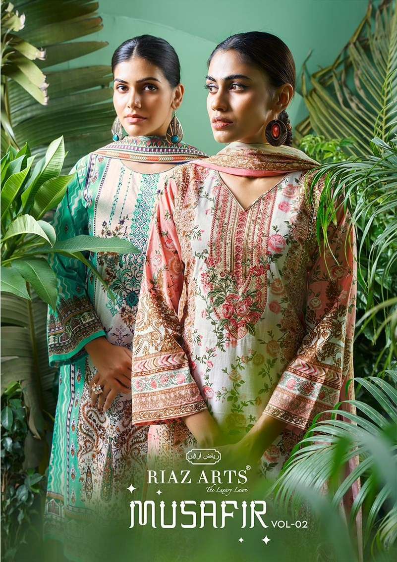 MUSAFIR VOL-2 BY RIAZ ARTS 2601 TO 2608 SERIES PURE KARACHI LAWN PRINT WORK DRESSES