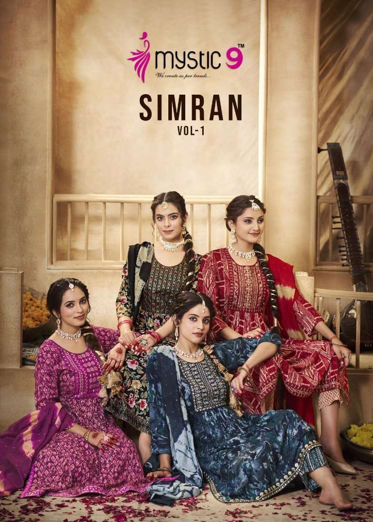 SIMRAN VOL-1 BY MYSTIC9 1001 TO 1008 SERIES RAYON PRINT EMBROIDERY READYMADE DRESSES