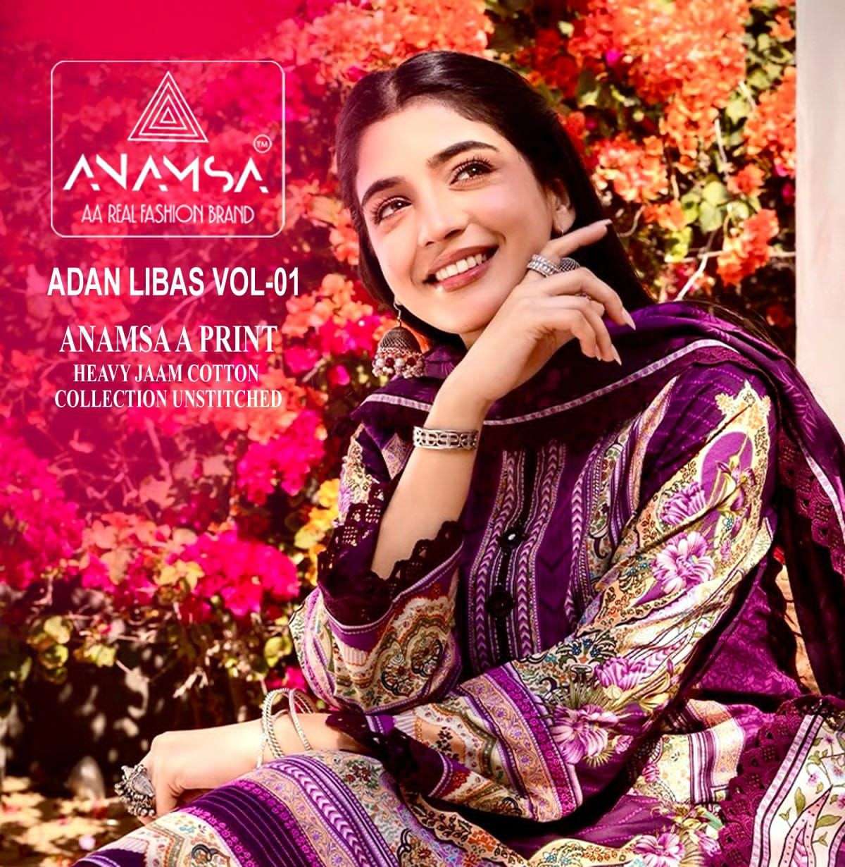 ADAN LIBAS VOL-1 BY ANAMSA 455 TO 458 SERIES PURE JAAM COTTON PRINT WORK DRESSES