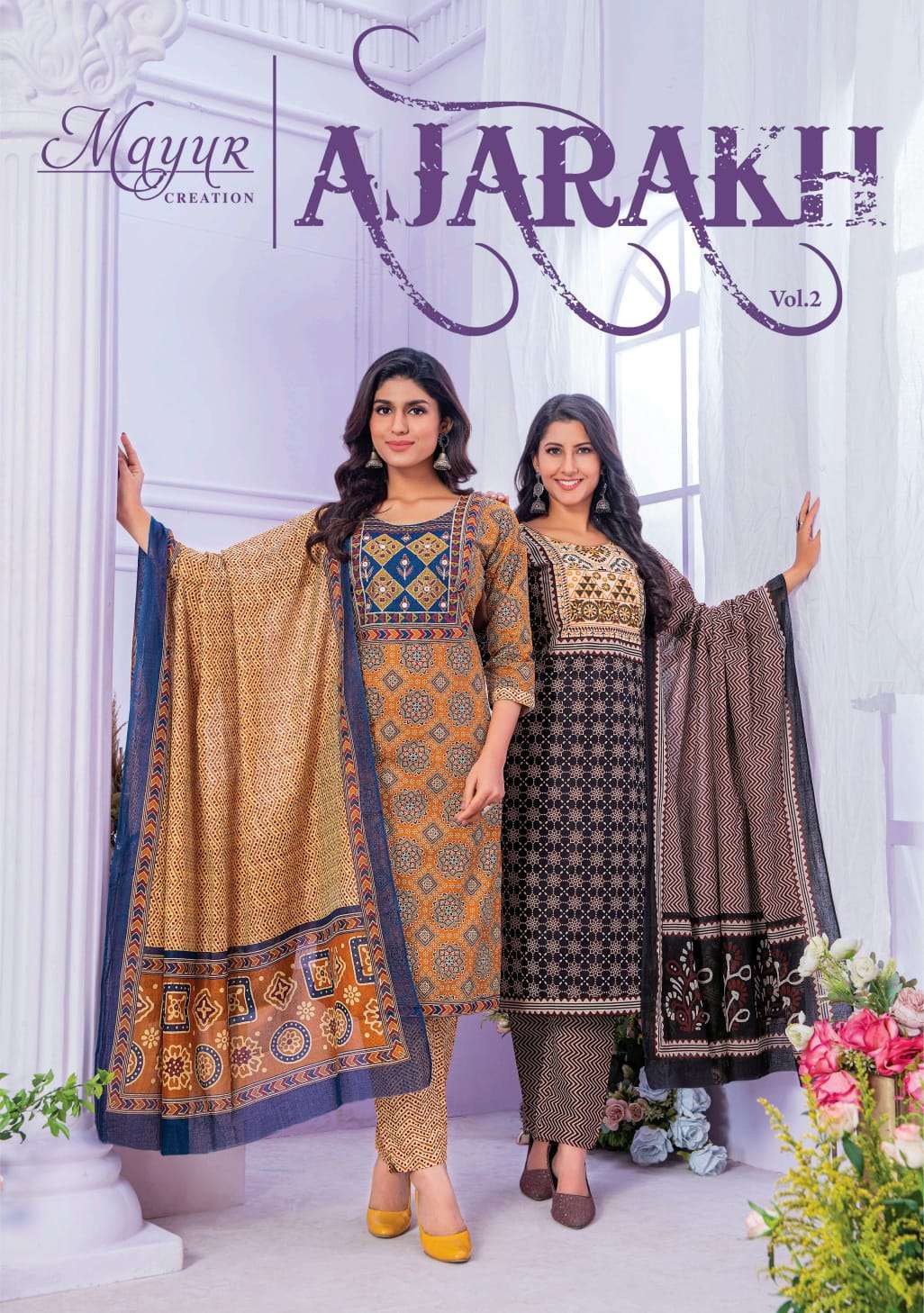 AJARAKH VOL-2 BY MAYUR CREATION 2001 TO 2010 SERIES COTTON PRINT WORK READYMADE DRESSES