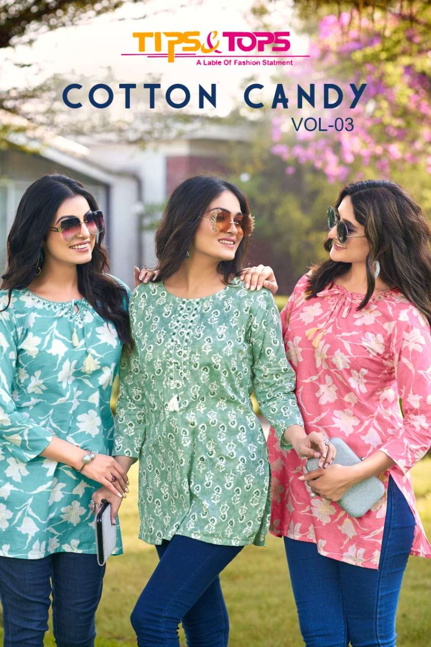 COTTON CANDY VOL-3 BY TIPS & TOPS 1001 TO 1006 SERIES COTTON PRINT WORK TUNICS