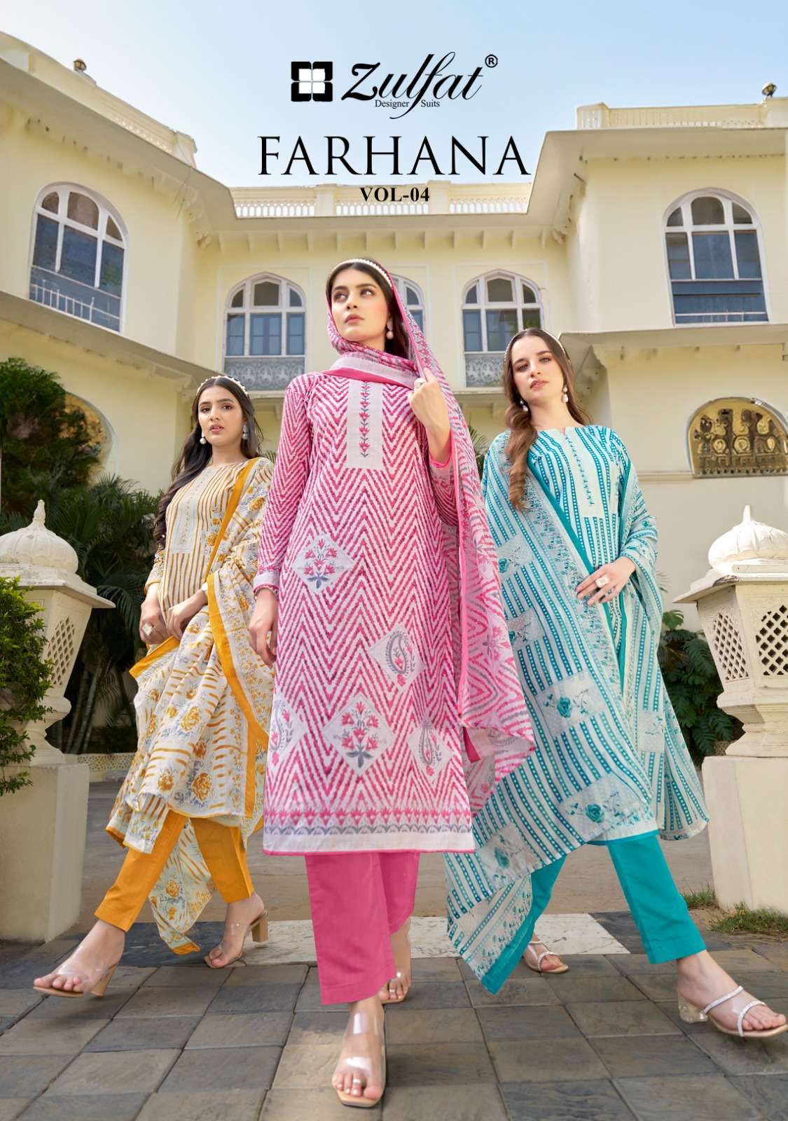 FARHANA VOL-4 BY ZULFAT 544-001 TO 544-008 SERIES PURE COTTON DESIGNER PRINT DRESSES