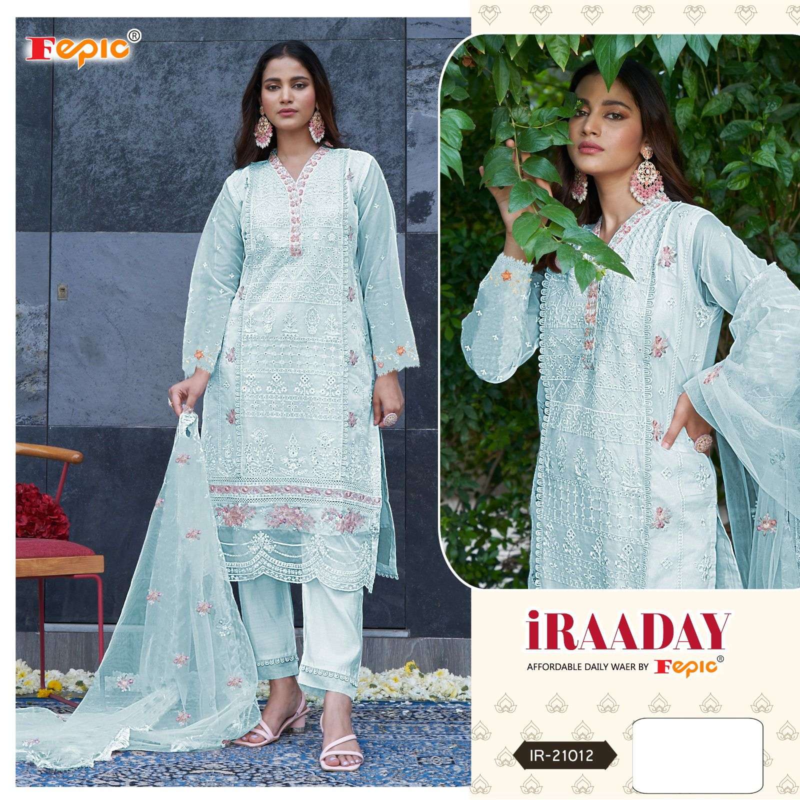 IRAADAY 21012-A TO 21012-C SERIES BY FEPIC ORGAZNA EMBROIDERY WORK PAKISTANI DRESSES