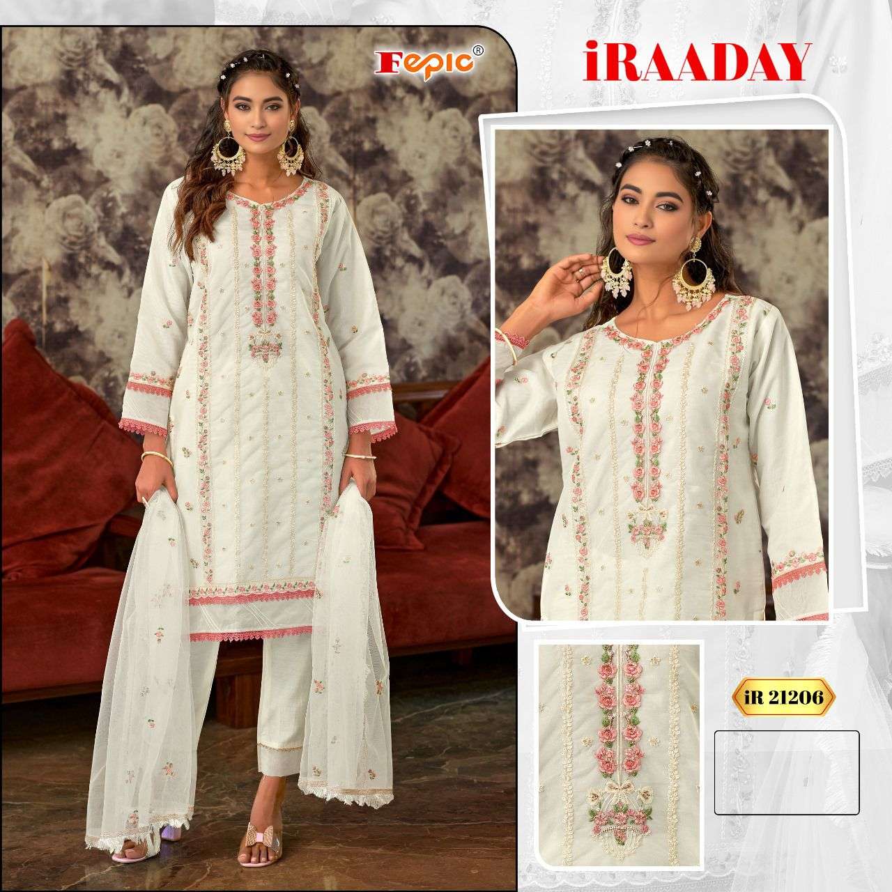 IRAADAY 21206-A TO 21206-C SERIES BY FEPIC ORGANZA EMBROIDERY WORK PAKISTANI DRESSES