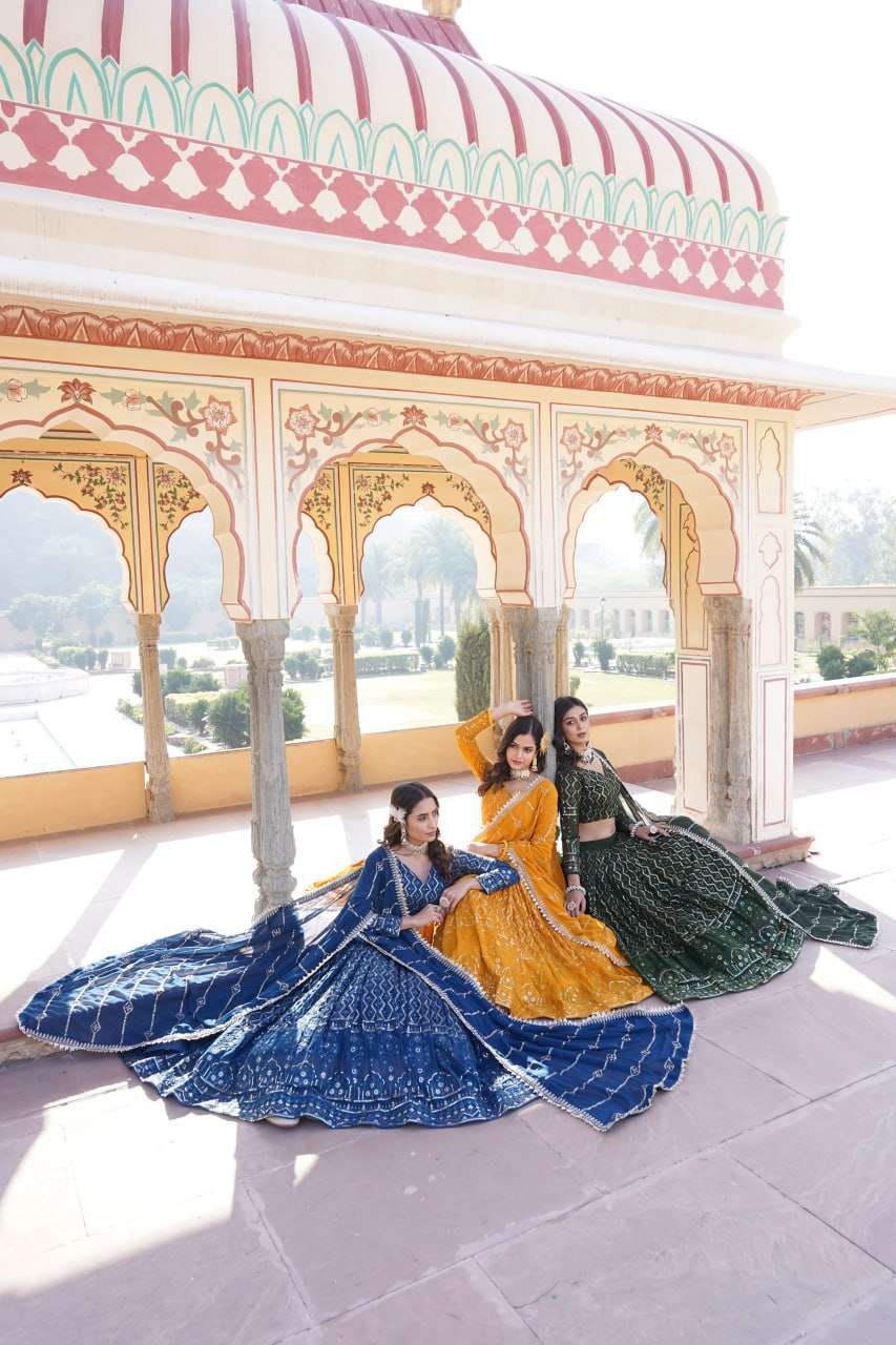 LW-7090 COLOURS BY AQSAWHOLESALE FAUX GEORGETTE HEAVY WORK READYMADE LEHENGAS