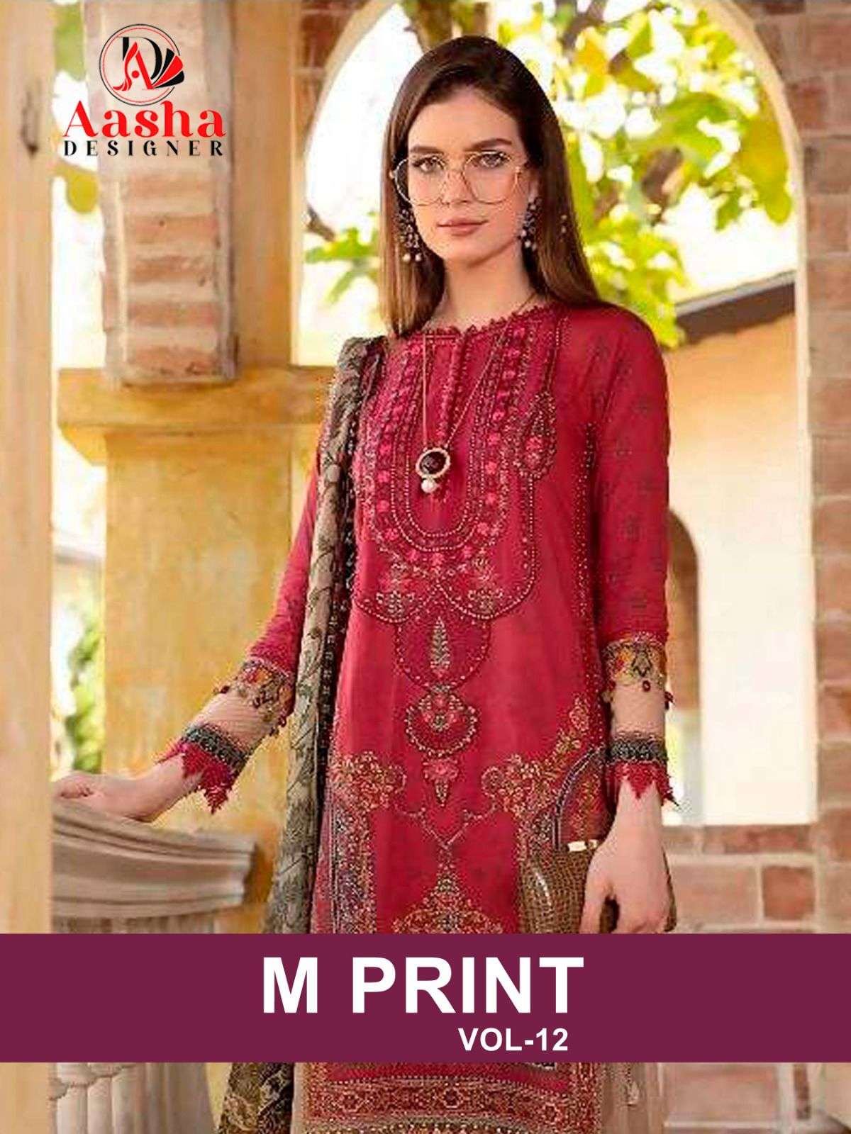 M PRINT VOL-12 BY AASHA DESIGNER 1074 & 1075 SERIES PURE COTTON WORK PAKISTANI DRESSES