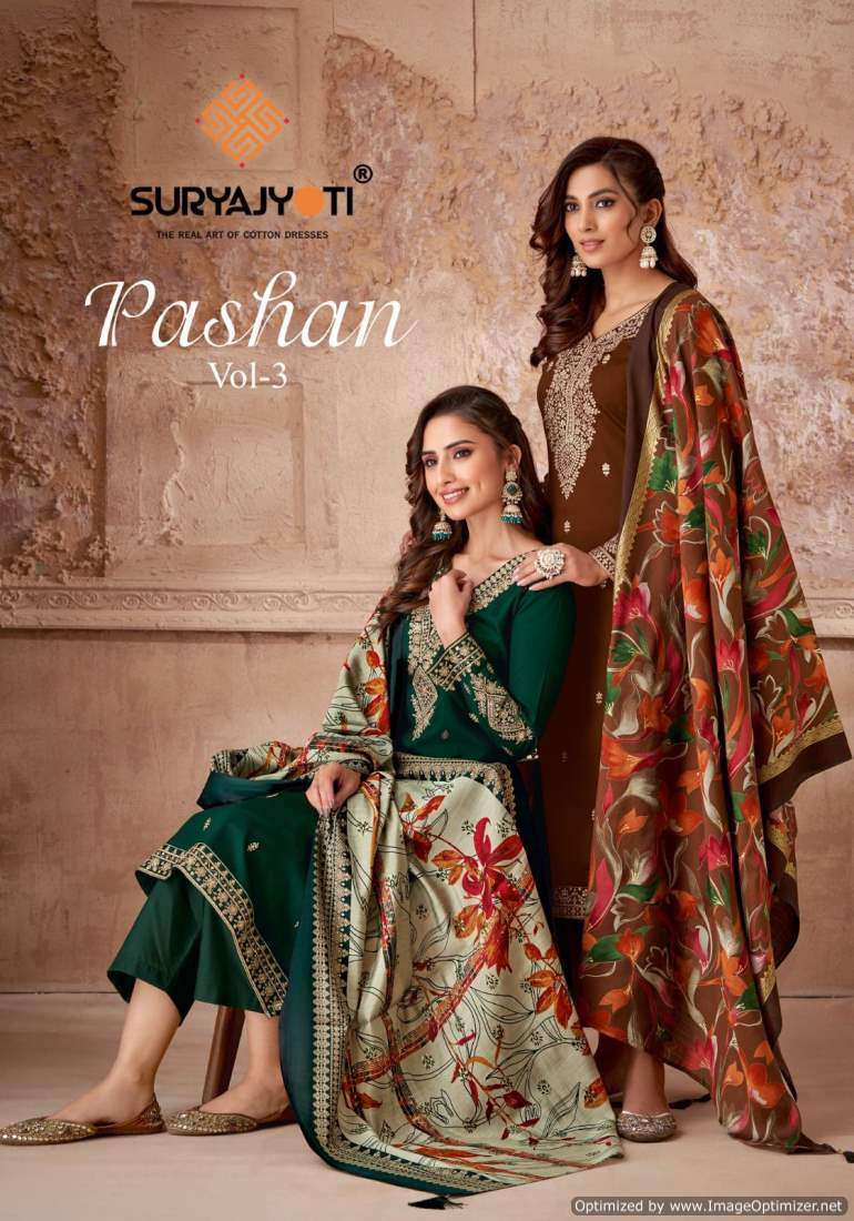 PASHAN VOL-3 BY SURYAJYOTI 3001 TO 3006 SERIES ZAM SATIN EMBROIDERY WORK DRESSES