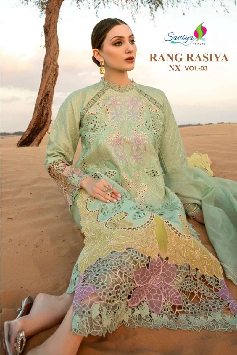 RANG RASIYA NX VOL-3 BY SANIYA TRENDZ 3001 TO 3003 SERIES COTTON WORK PAKISTANI DRESSES