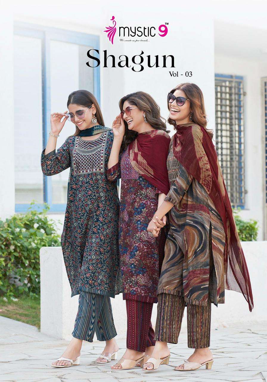 SHAGUN VOL-3 BY MYSTIC9 3001 TO 3008 SERIES RAYON CAPSULE PRINT WORK READYMADE DRESSES