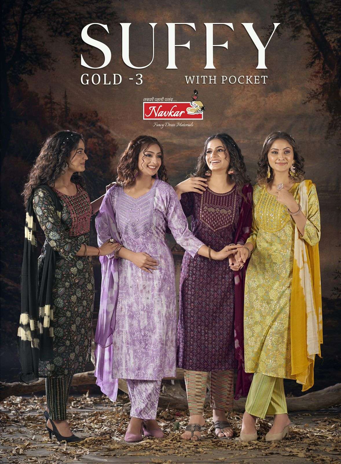 SUFFY GOLD VOL-3 BY NAVKAR 3001 TO 3008 SERIES RAYON FOIL PRINT WORK READYMADE DRESSES