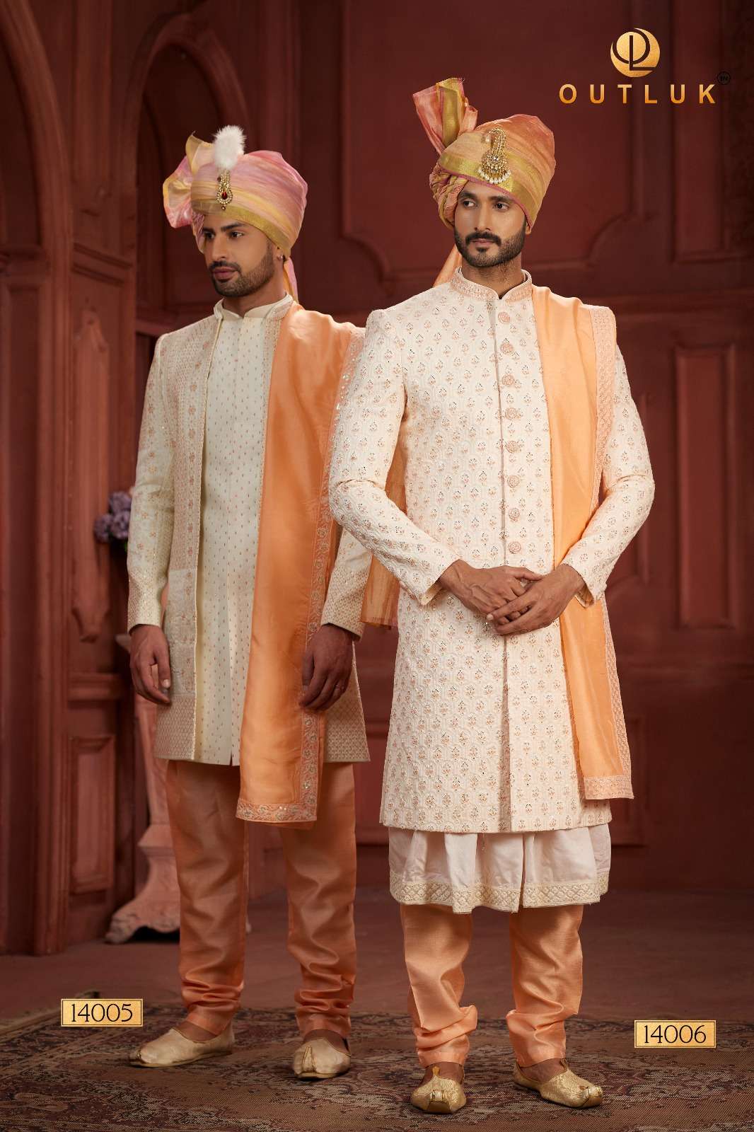 WEDDING SHRWANI VOL-14 BY OUTLUK 14001 TO 14012 SERIES PURE SILK WORK MENS SHERWANIS