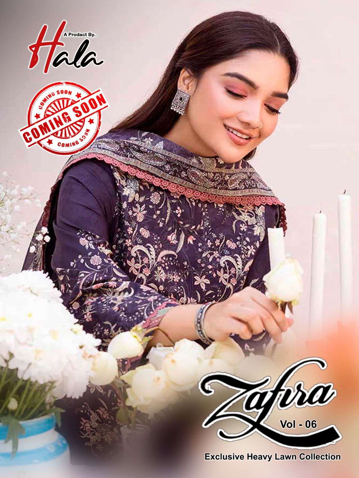 ZAFIRA VOL-6 B HALA 6001 TO 6006 SERIES HEAVY LAWN COTTON PRINT PAKISTANI DRESSES