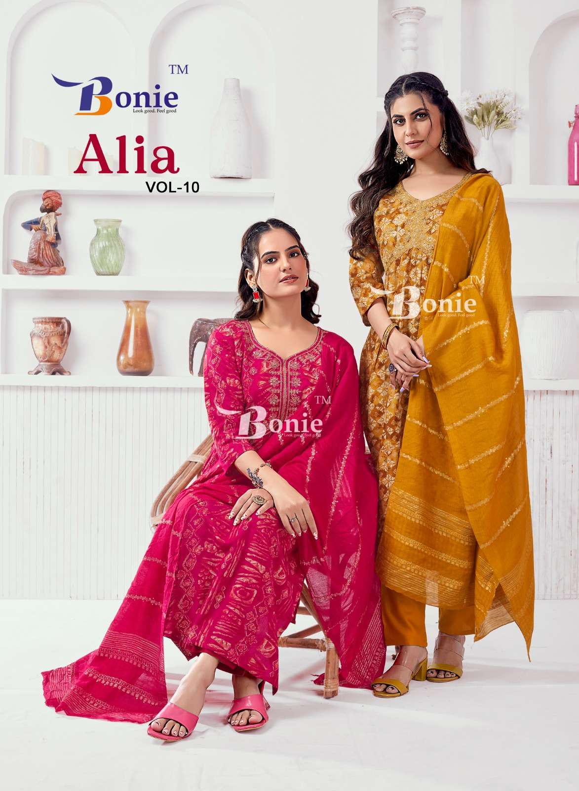 ALIA VOL-10 BY BONIE 10001 TO 10006 SERIES RAYON PRINT WORK READYMADE DRESSES