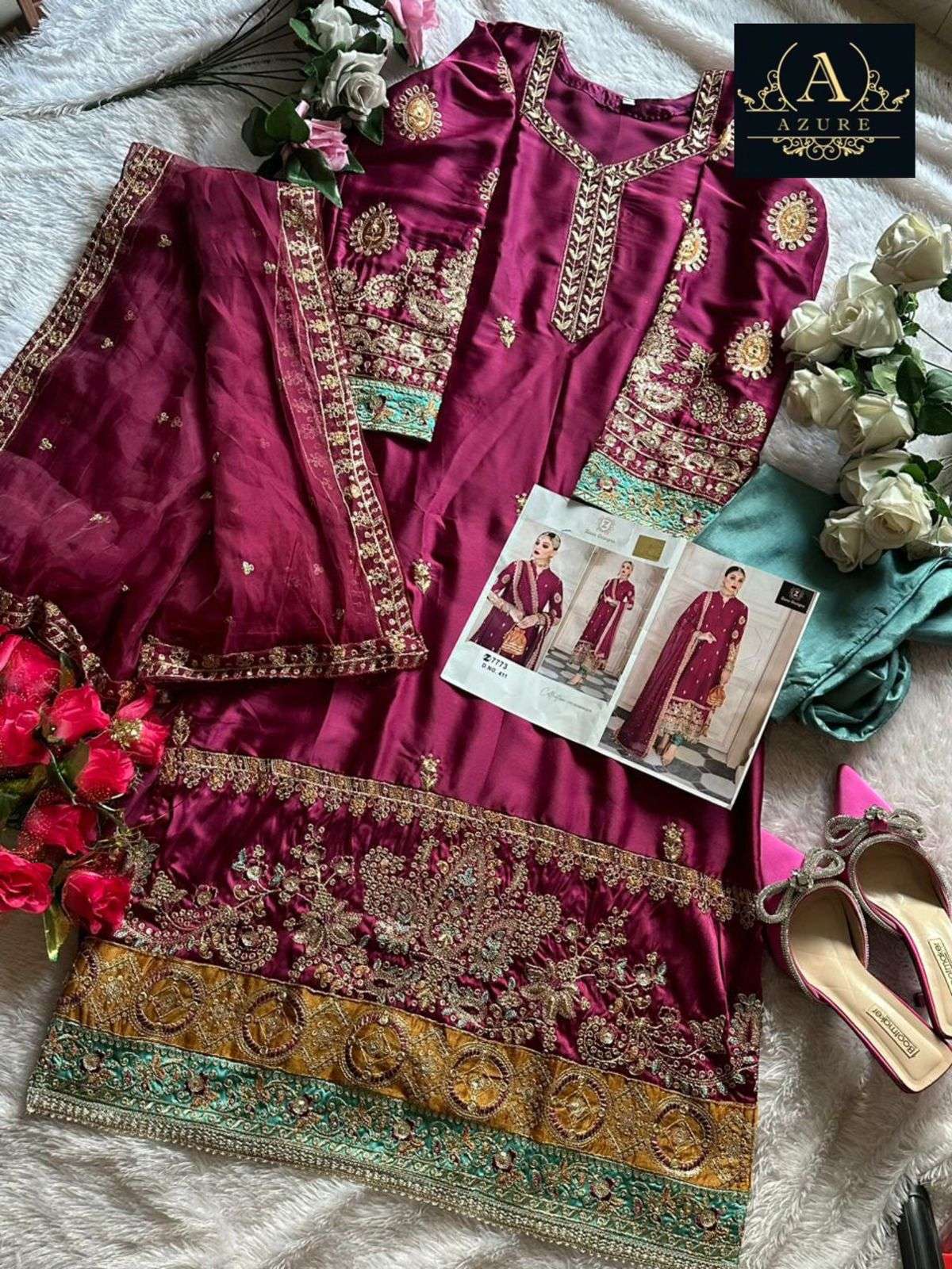 AZURE 14001 HIT DESIGN BY AQSAWHOLESALE SATIN HEAVY EMBROIDERY WOK PAKISTANI DRESS