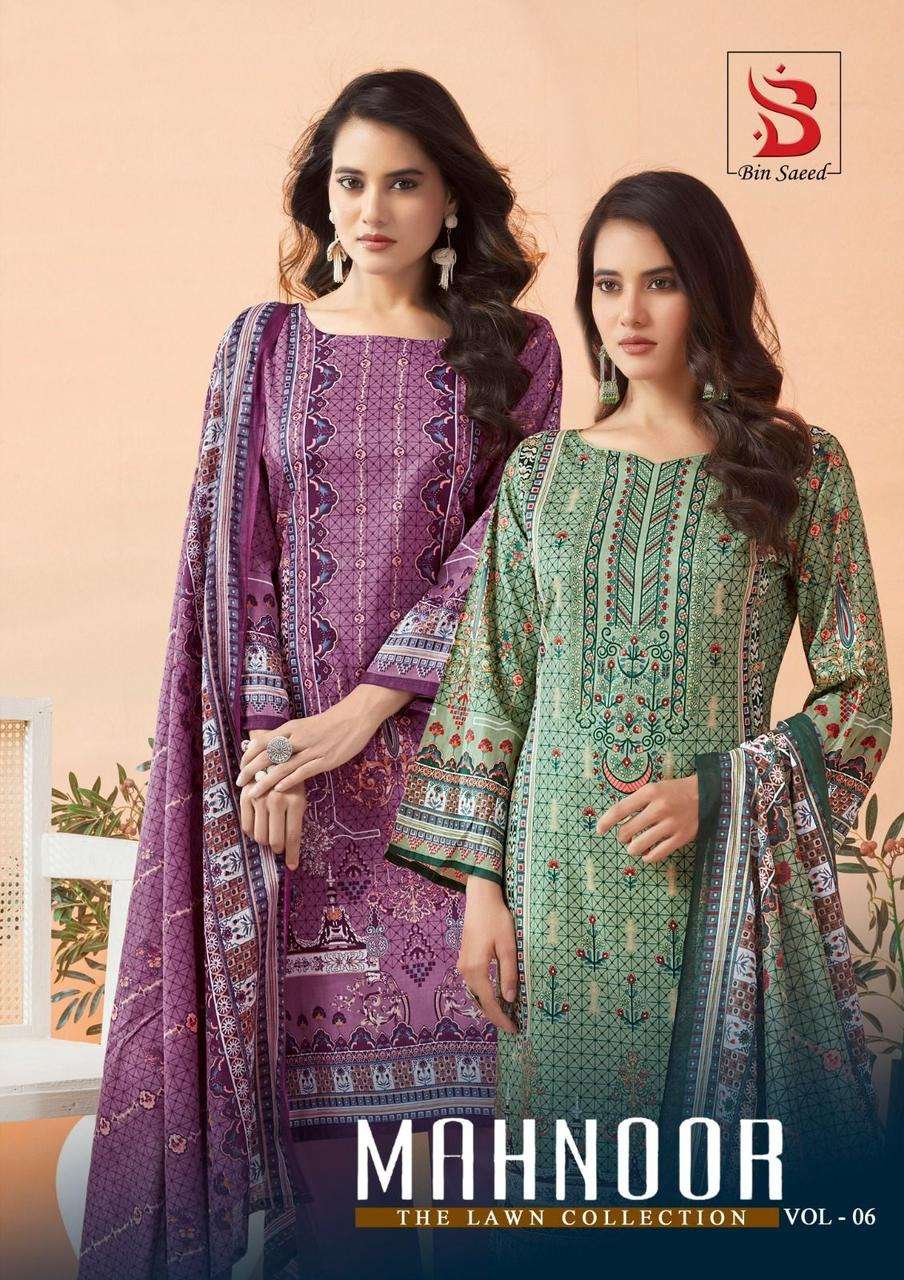 BIN SAEED MAHNOOR VOL-6 BY AQSAWHOLESALE 6001 TO 6006 SERIES PURE LAWN WORK DRESSES