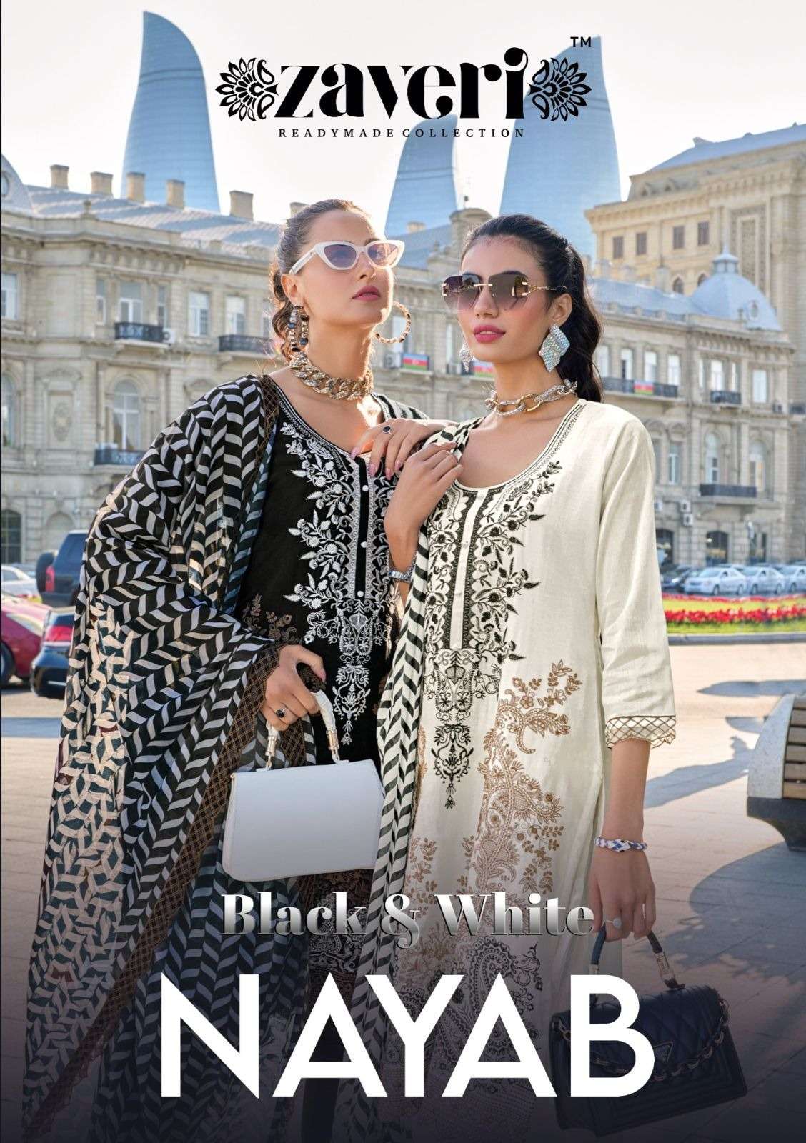 BLACK AND WHITE NAYAB BY ZAVERI 1340 & 1341 SERIES COTTON PRINT WORK READYMADE DRESSES