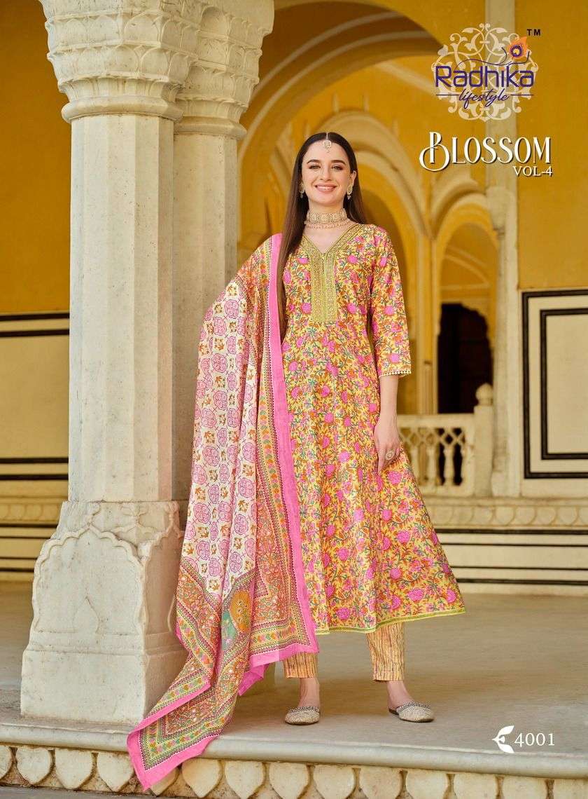 BLOSSOM VOL-4 BY RADHIKA LIFESTYLE 4001 TO 4006 SERIES COTTON PRINT WORK READYMADE DRESSES