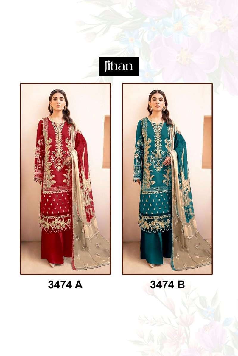 CHEVRON 3374-A AND 3374-B SERIES BY JIHAN LAWN COTTON PRINT WORK PAKISTANI DRESSES