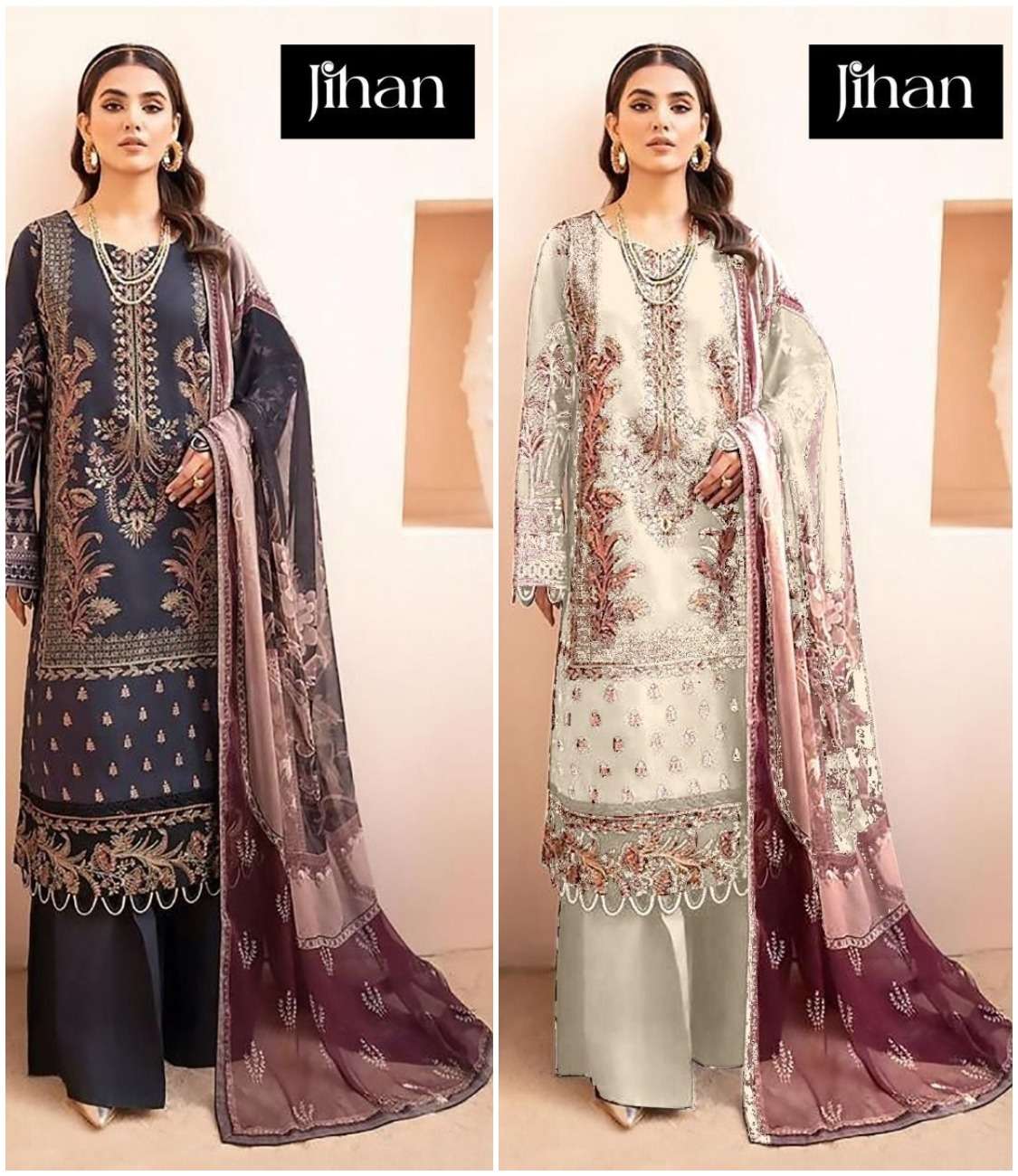 CHEVRON 3374-C AND 3374-D SERIES BY JIHAN COTTON EMBROIDERY WORK PAKISTANI DRESSES