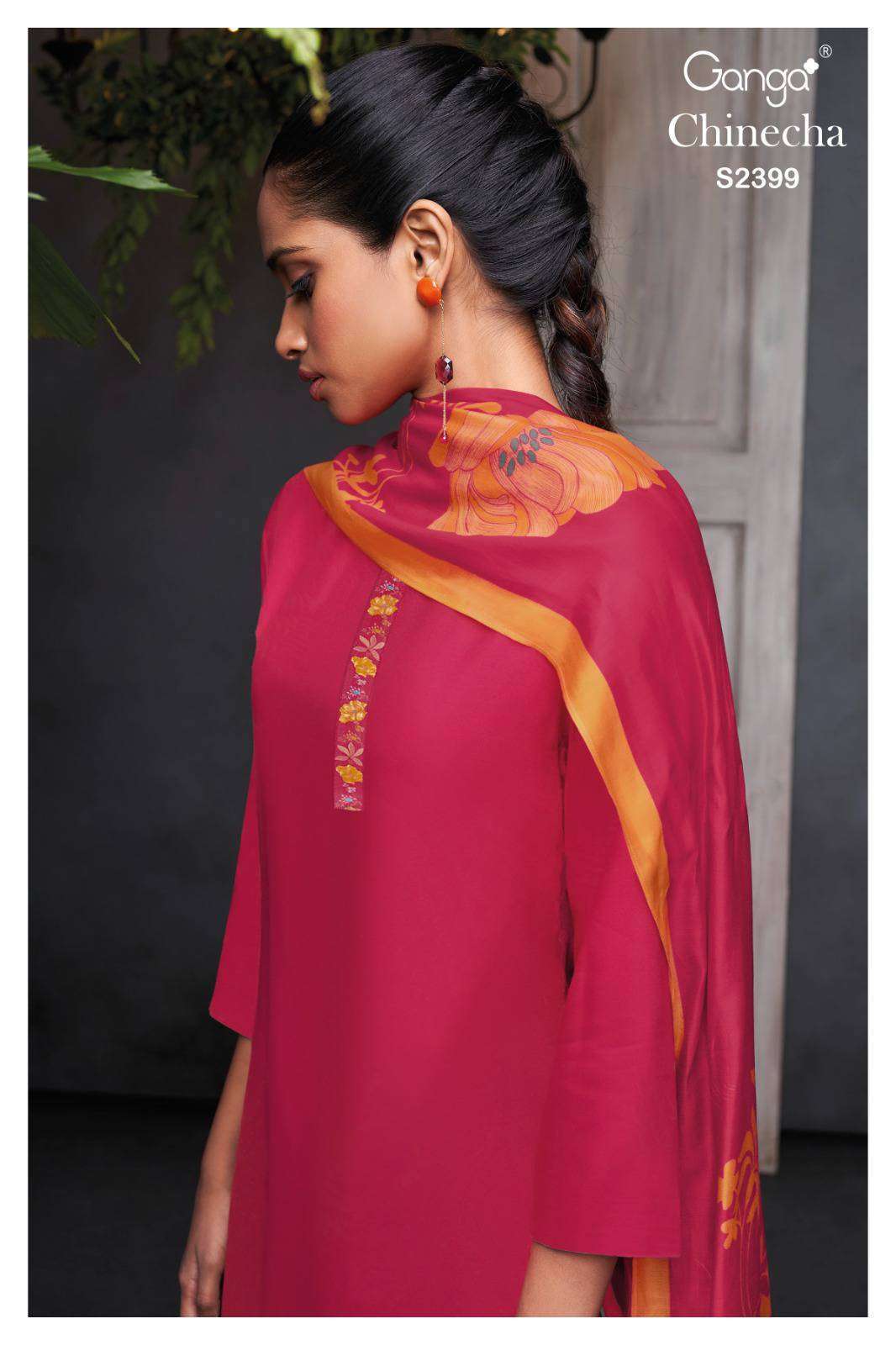 CHINECHA BY GANGA FASHIONS 2399-A TO 2399-D SERIES COTTON SILK EMBROIDER WORK DRESSES