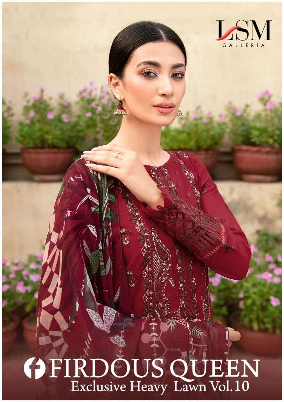 FIRDOUS QUEEN VOL-10 BY LSM GALLERIA 101 TO 106 SERIES PURE LAWN PRINT PAKISTANI DRESSES