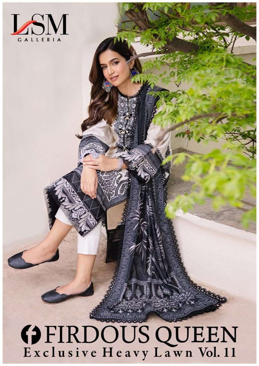 FIRDOUS QUEEN VOL-11 BY LSM GALLERIA 111 TO 116 SERIES PURE HEAVY LAWN PRINT DRESSES