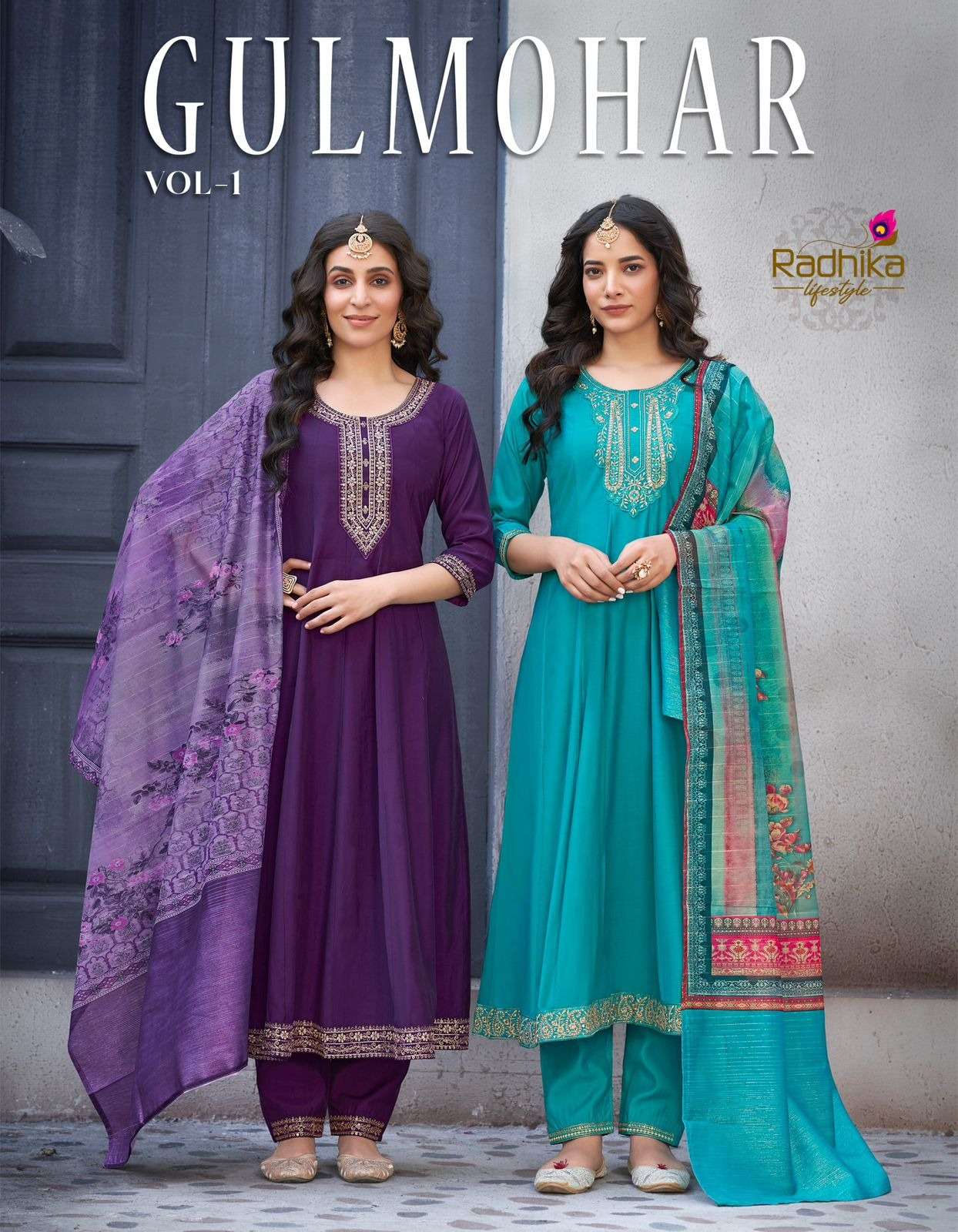 GULMOHAR BY RADHIKA LIFESTYLE 1001 TO 1004 SERIES ROMAN SILK WORK READYMADE DRESSES