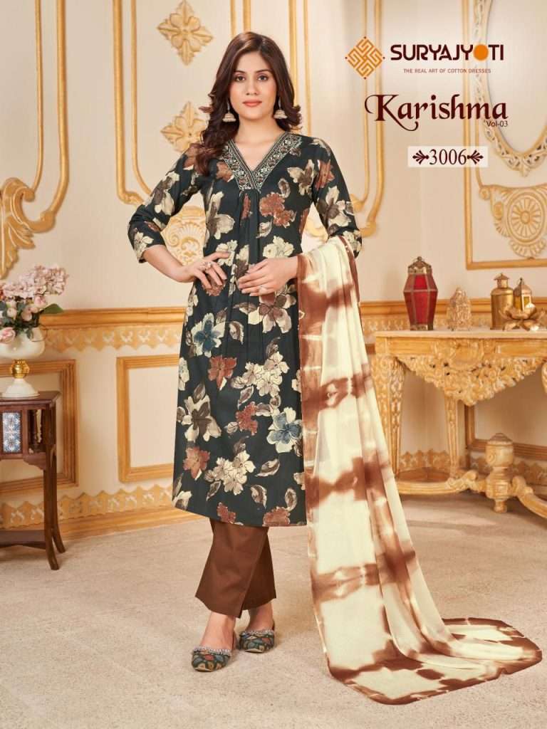 KARISHMA VOL-3 BY SURYAJYOTI 3001 TO 3010 SERIES CAMBRIC COTTON WORK READYMADE DRESSES