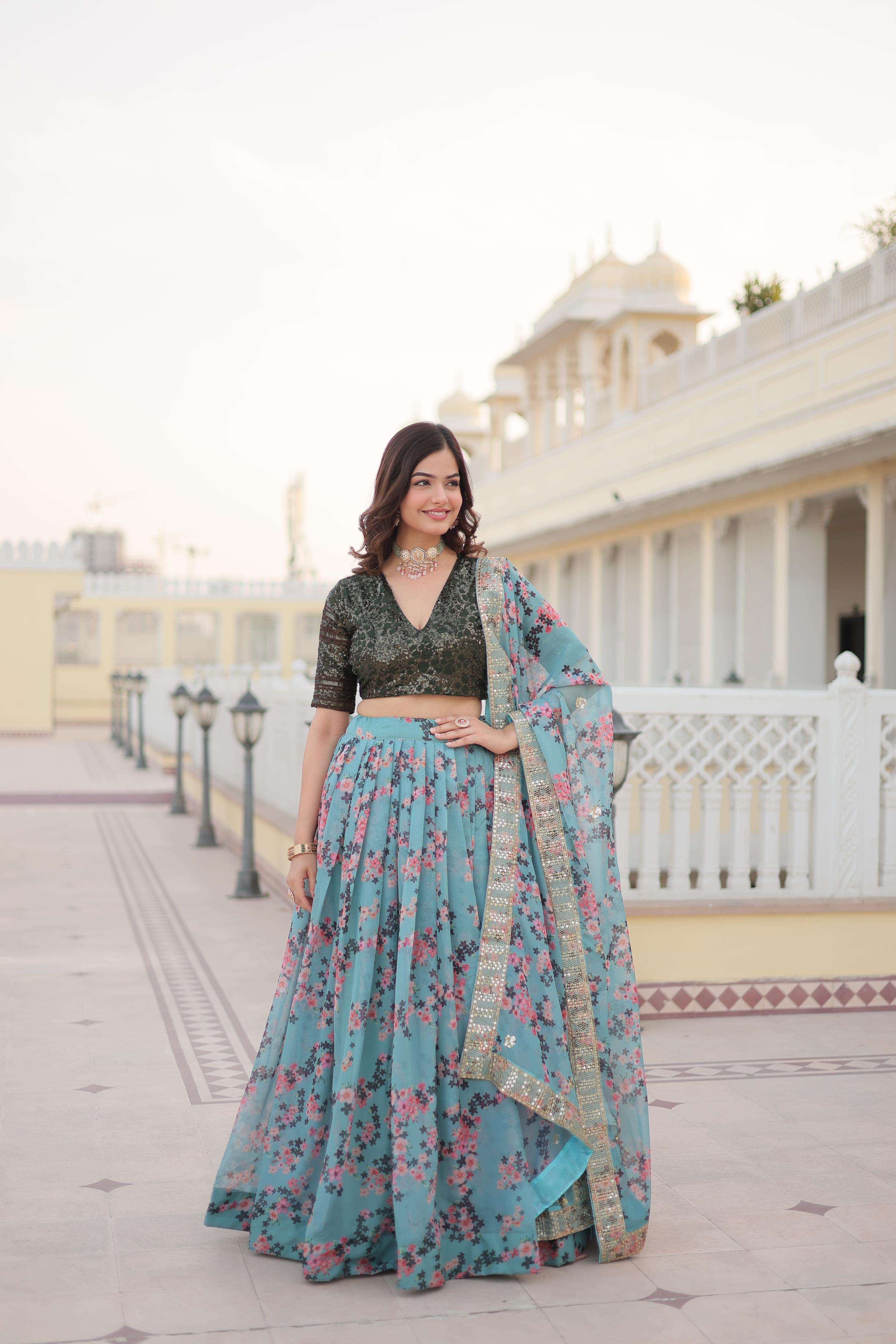 LW-7098 HIT DESIGN BY AQSAWHOLESALE RUSSIAN SILK PRINT WORK LEHENGA