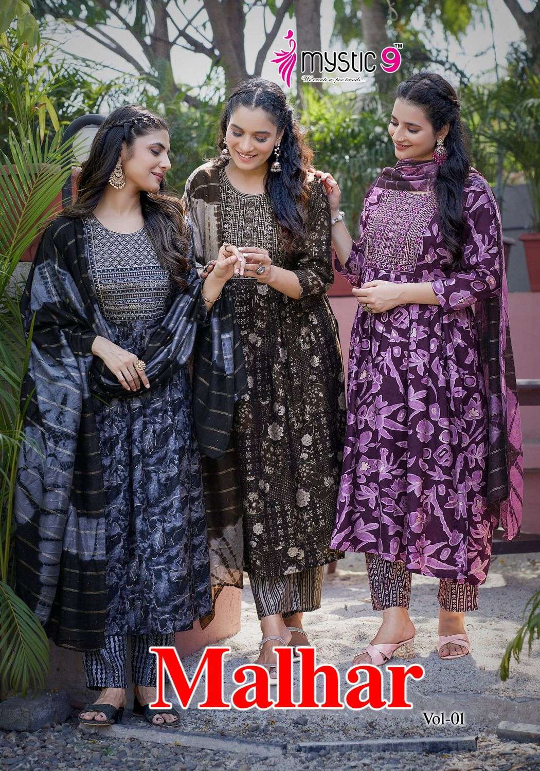 MALHAR VOL-1 BY MYSTIC9 1001 TO 1008 SERIES CHANDERI PRINT WORK READYMADE DRESSES