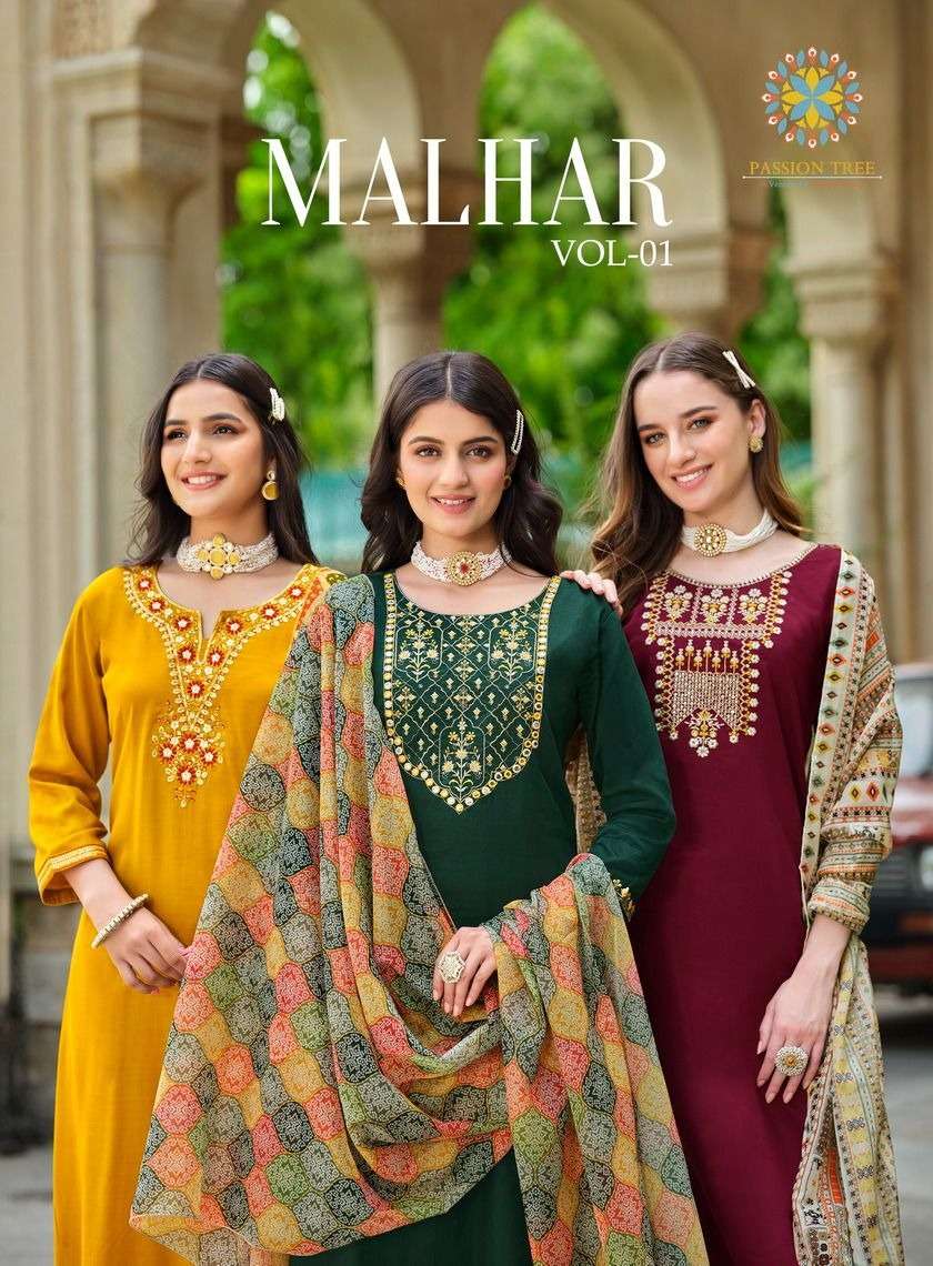 MALHAR VOL-1 BY PASSION TREE 1001 TO 1006 SERIES ROMAN SILK WORK READYMADE DRESSES