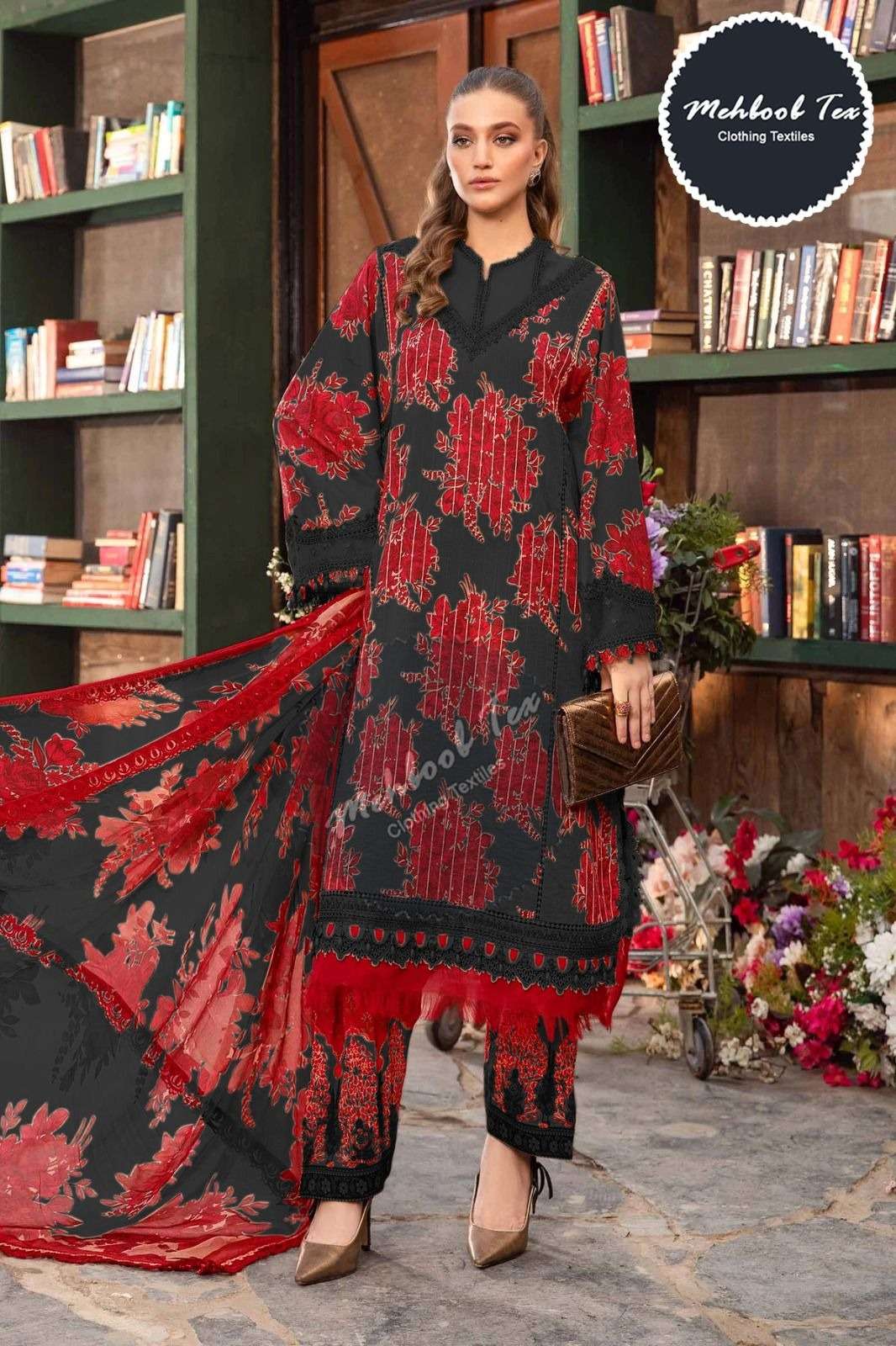 MARIA.B 1303-B BY MEHBOOB TEX PURE CAMBRIC COTTON PRINT WORK PAKISTANI DRESS