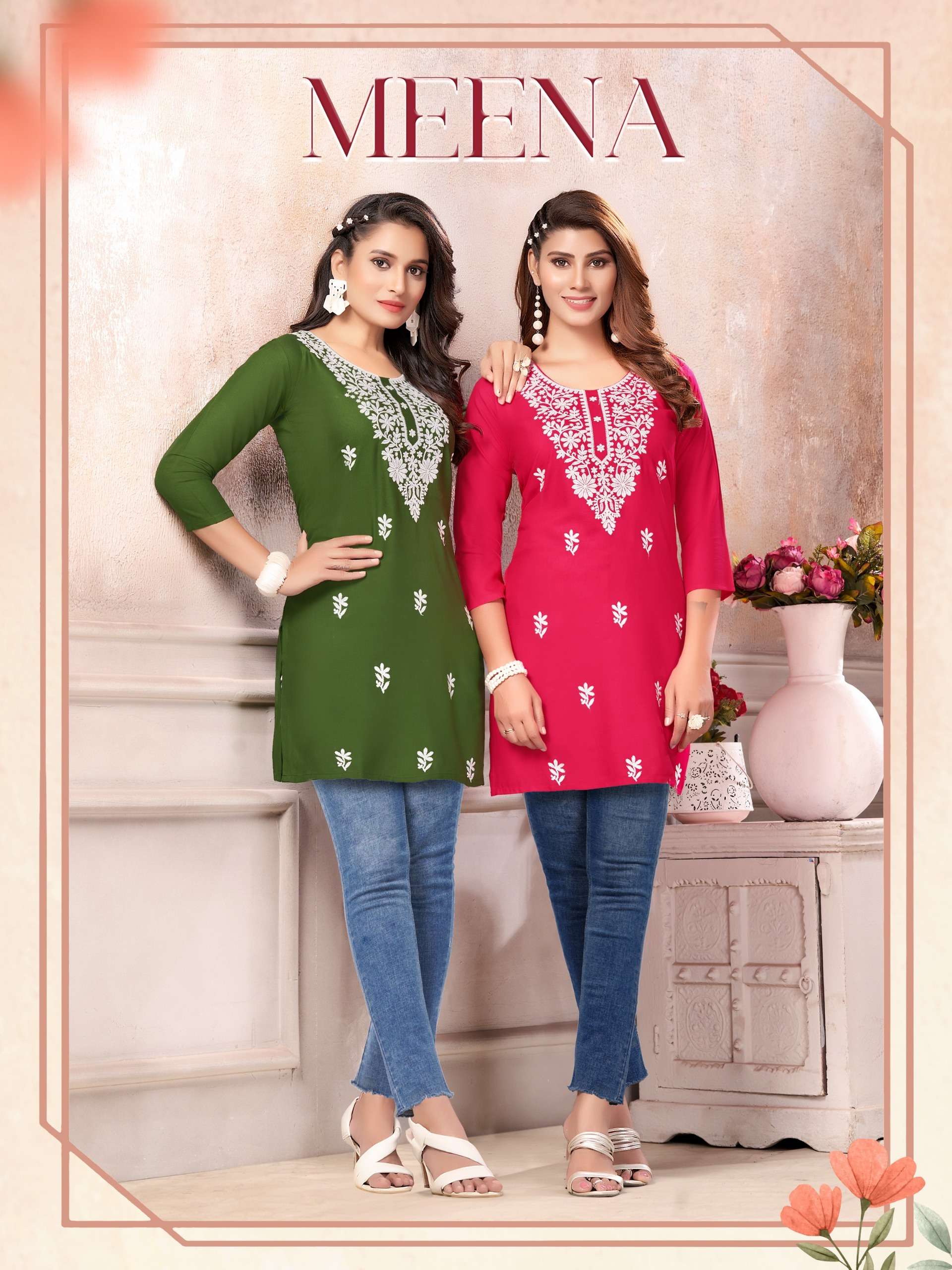 MEENA BY AANCHI 101 TO 106 SERIES LIVA RAYON EMBROIDERY WORK TUNICS