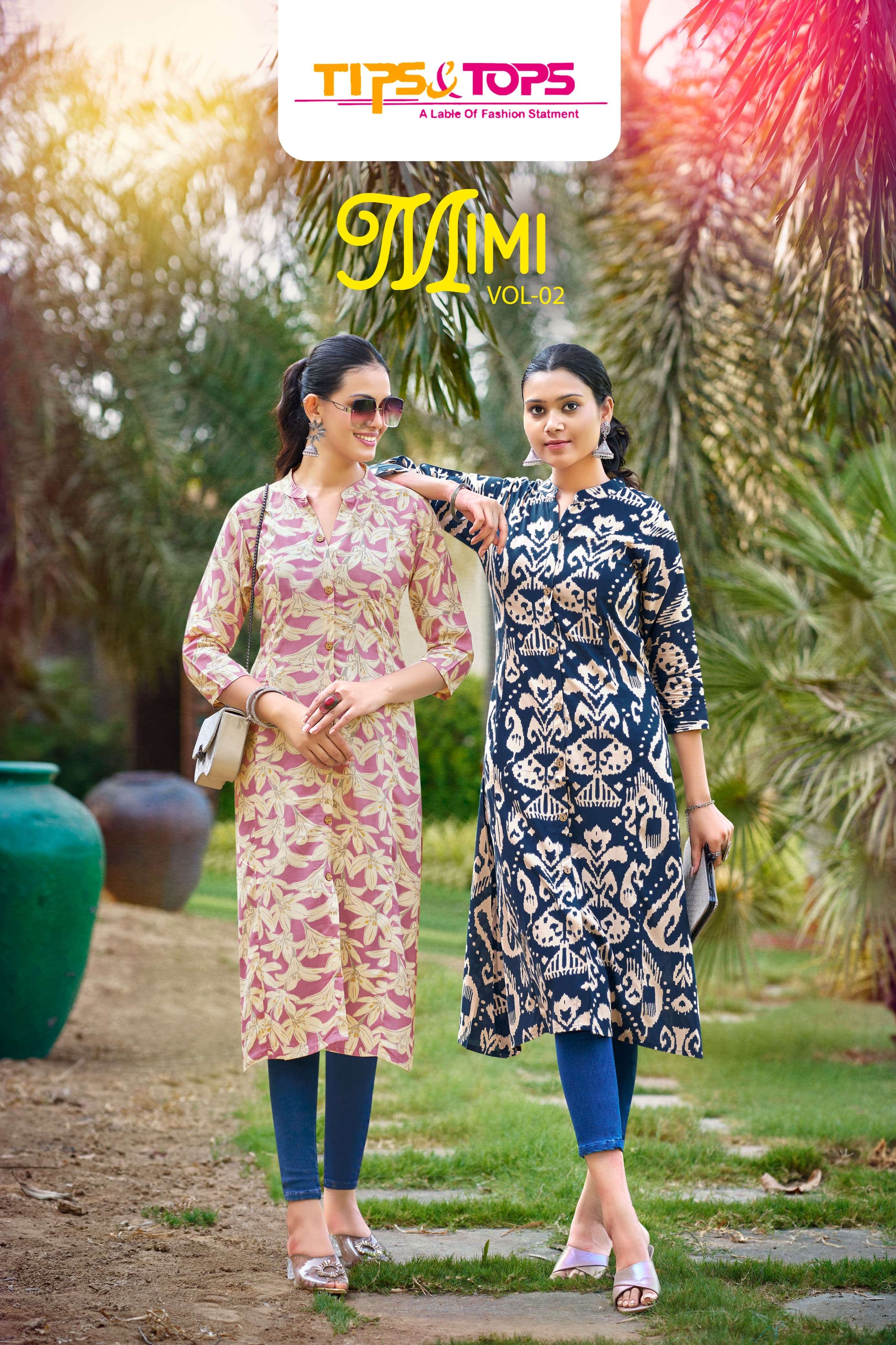 MIMI VOL-2 BY TIPS & TOPS 1001 TO 1006 SERIES RAYON PRINT LINING WORK KURTIS