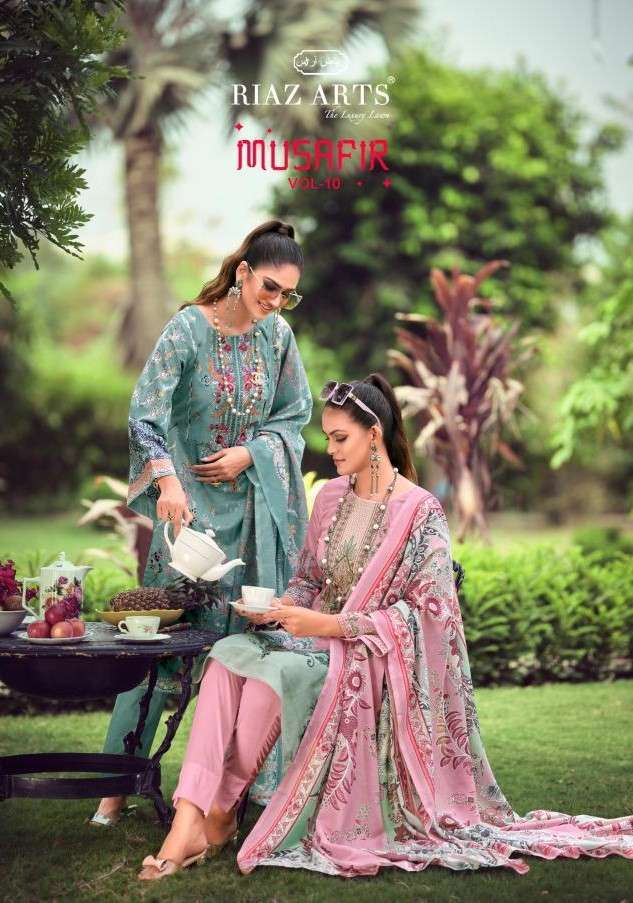 MUSAFIR VOL-10 BY RIAZ ARTS 10001 TO 10010 SERIES PURE KARACHI LAWN PRINT WORK DRESSES