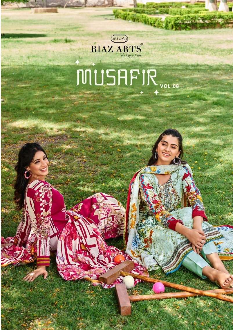 MUSAFIR VOL-8 BY RIAZ ARTS 3501 TO 3506 SERIES LAWN COTTON PRINT WORK PAKISTANI DRESSES