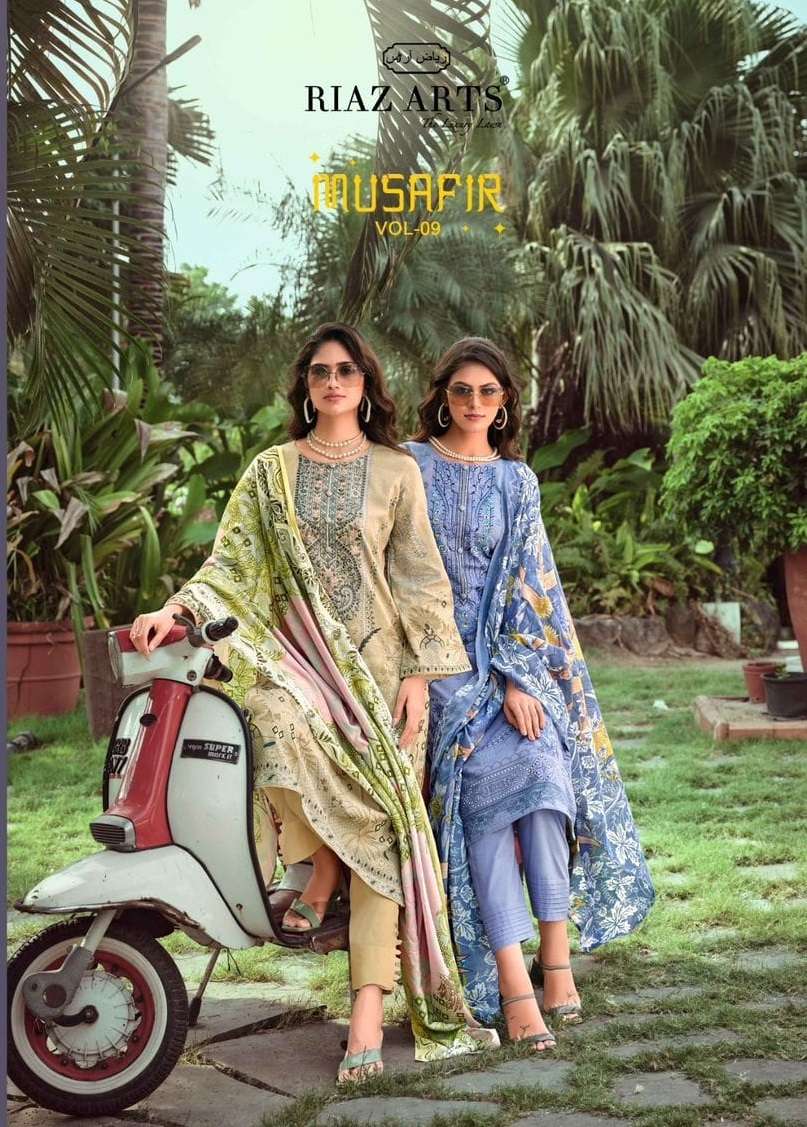 MUSAFIR VOL-9 BY RIAZ ARTS 11001 TO 11006 SERIES LAWN CAMBRIC PRINT WORK PAKISTANI DRESSES