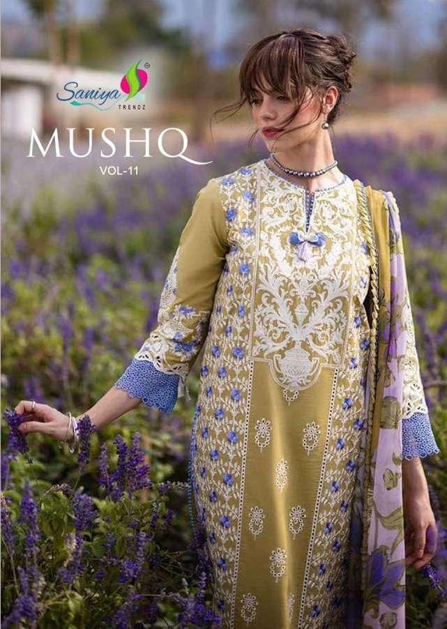 MUSHQ VOL-11 BY SANIYA TRENDZ 11001 TO 11003 SERIES COTTON CHIKANKARI WORK DRESSES