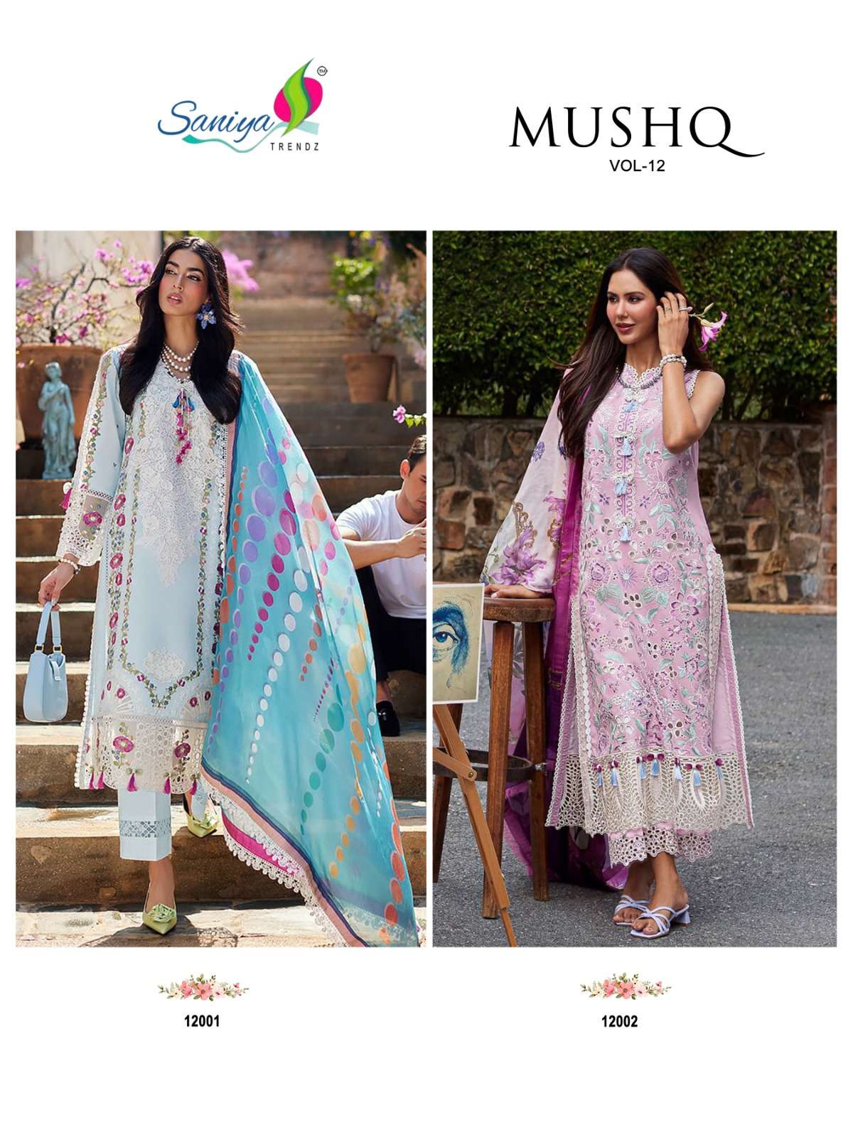 MUSHQ VOL-12 BY SANIYA TRENDZ 1001 AND 1002 SERIES COTTON PRINT WORK PAKISTANI DRESSES