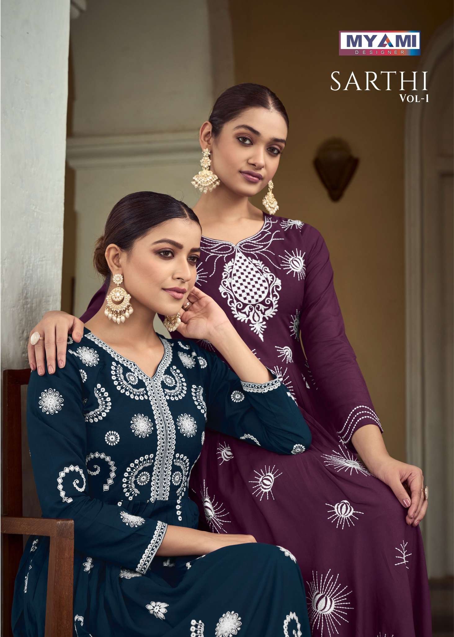 MYAMI SARTHI VOL-1 BY AQSAWHOLESALE 01 TO 06 SERIES RAYON HEAVY WORK KURTI & PANTS