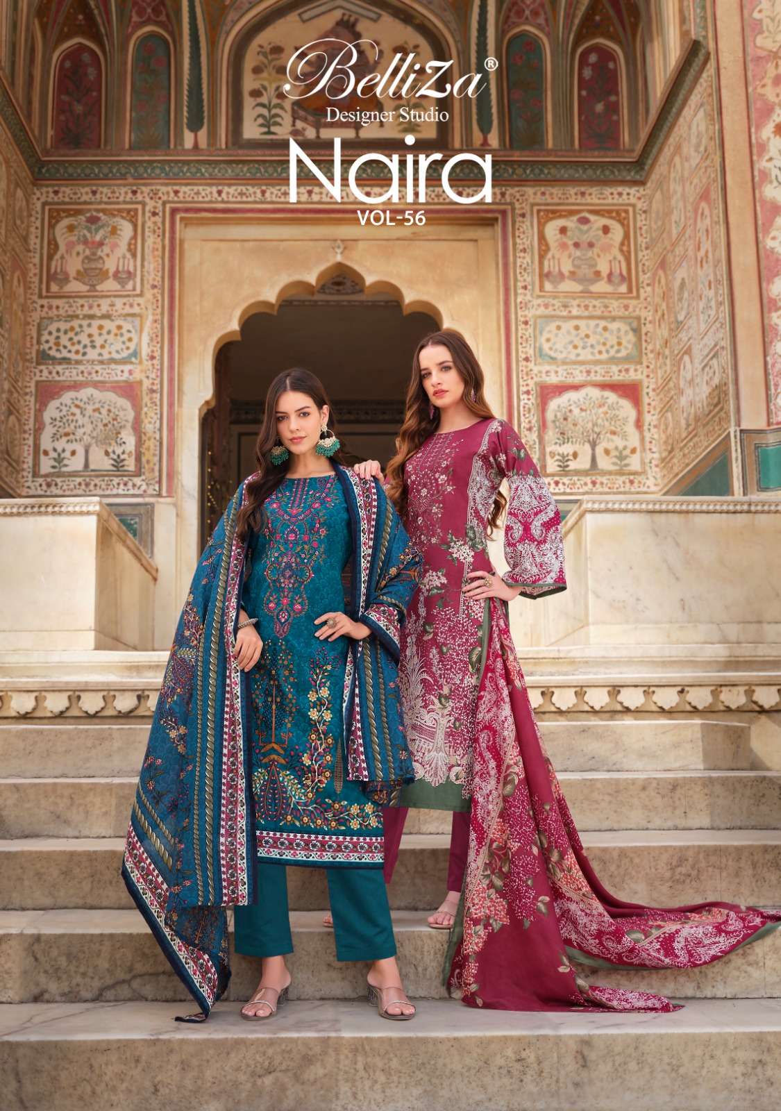 NAIRA VOL-56 BY BELLIZA 929-001 TO 929-008 SERIES PURE COTTON PRINT WORK PAKISTANI DRESSES