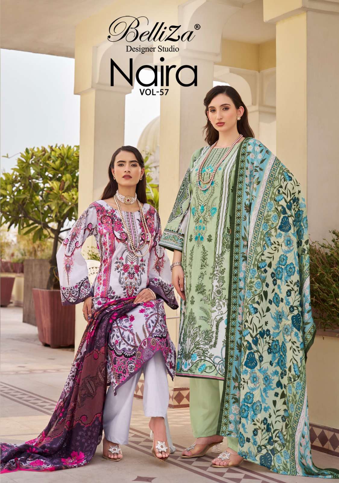 NAIRA VOL-57 BY BELLIZA 930-001 TO 930-008 SERIES PURE COTTON PRINT WORK PAKISTANI DRESSES