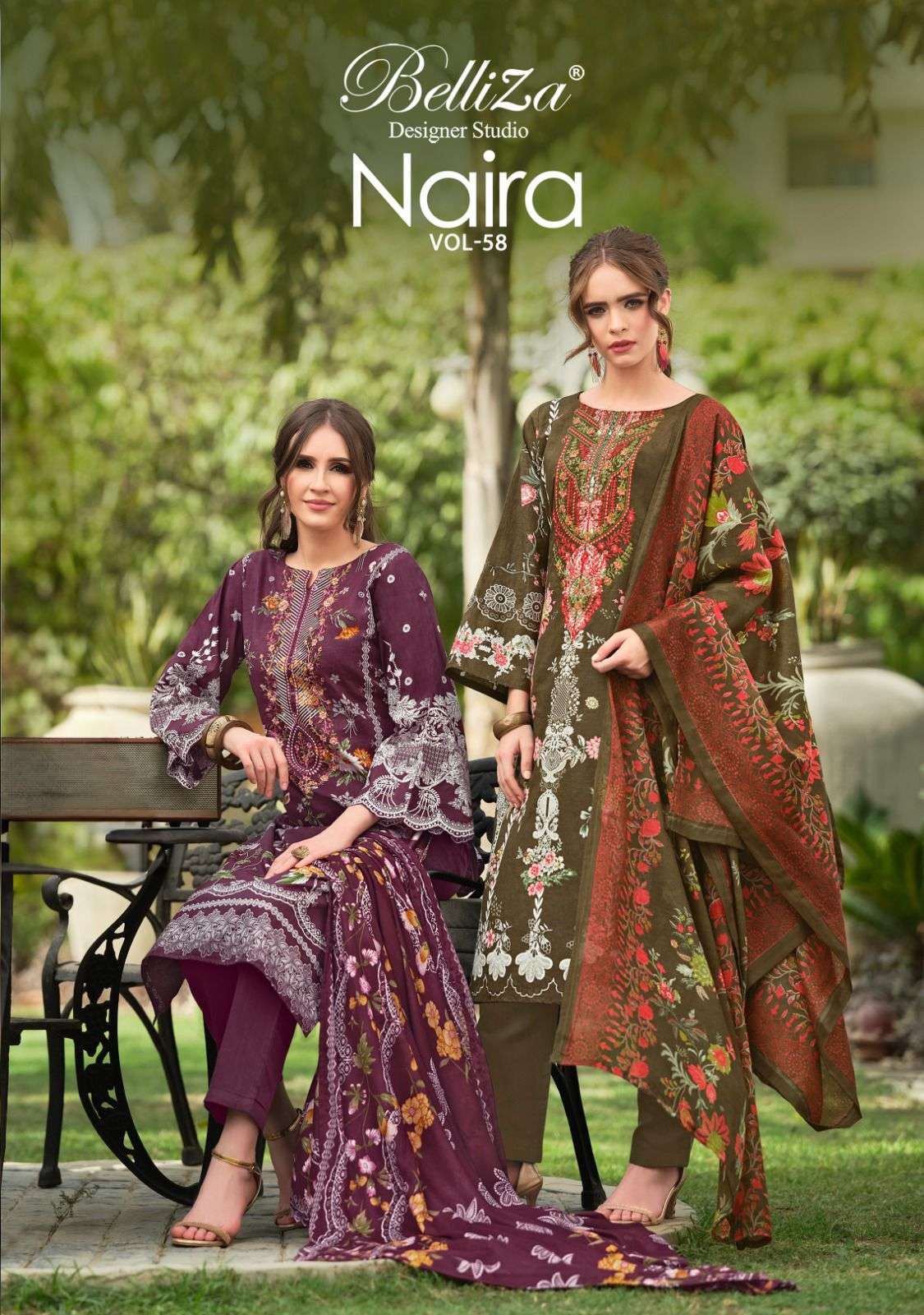 NAIRA VOL-58 BY BELLIZA 933-001 TO 933-008 SERIES PURE COTTON PRINT WORK PAKISTANI DRESSES