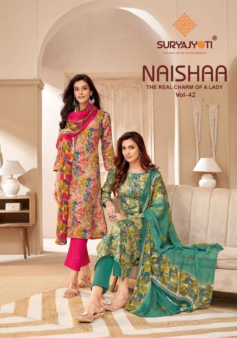 NAISHAA VOL-42 BY SURYAJYOTI 42001 TO 42010 SERIES PURE JAAM SATIN PRINT DRESSES