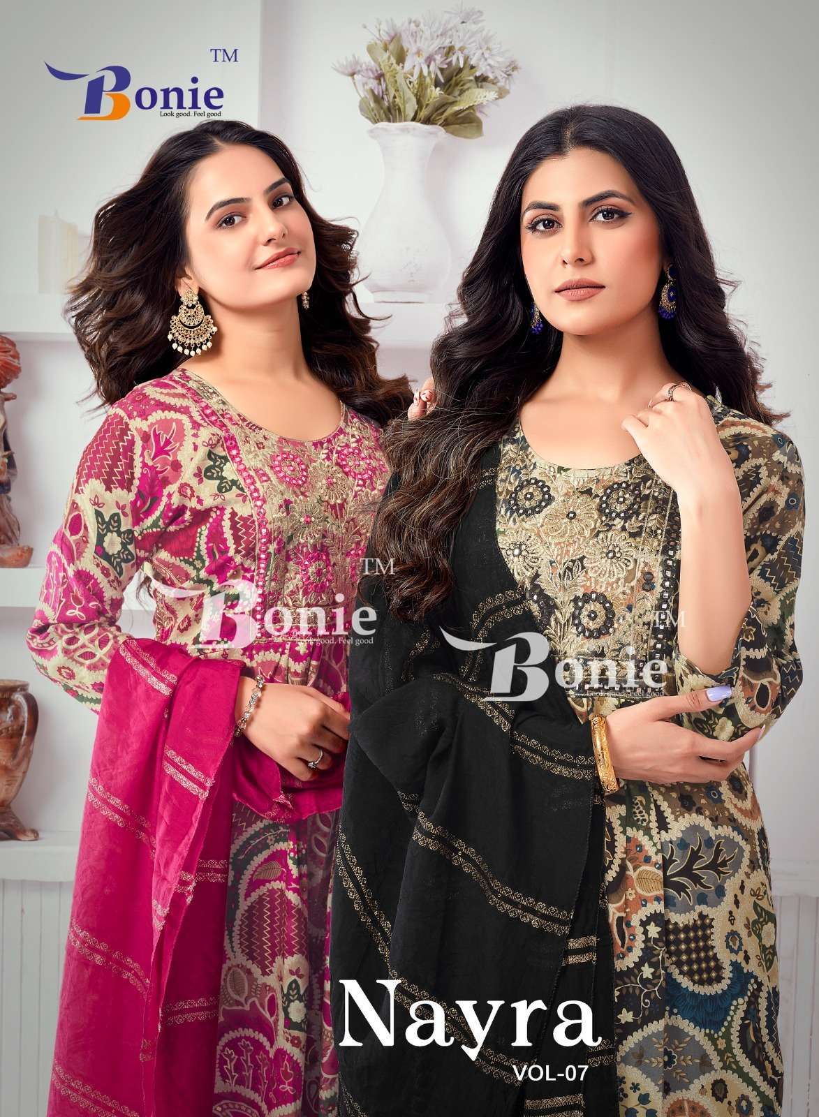 NAYRA VOL-7 BY BONIE 7001 TO 7008 SERIES HEAVY RAYON PRINT WORK READYMADE DRESSES