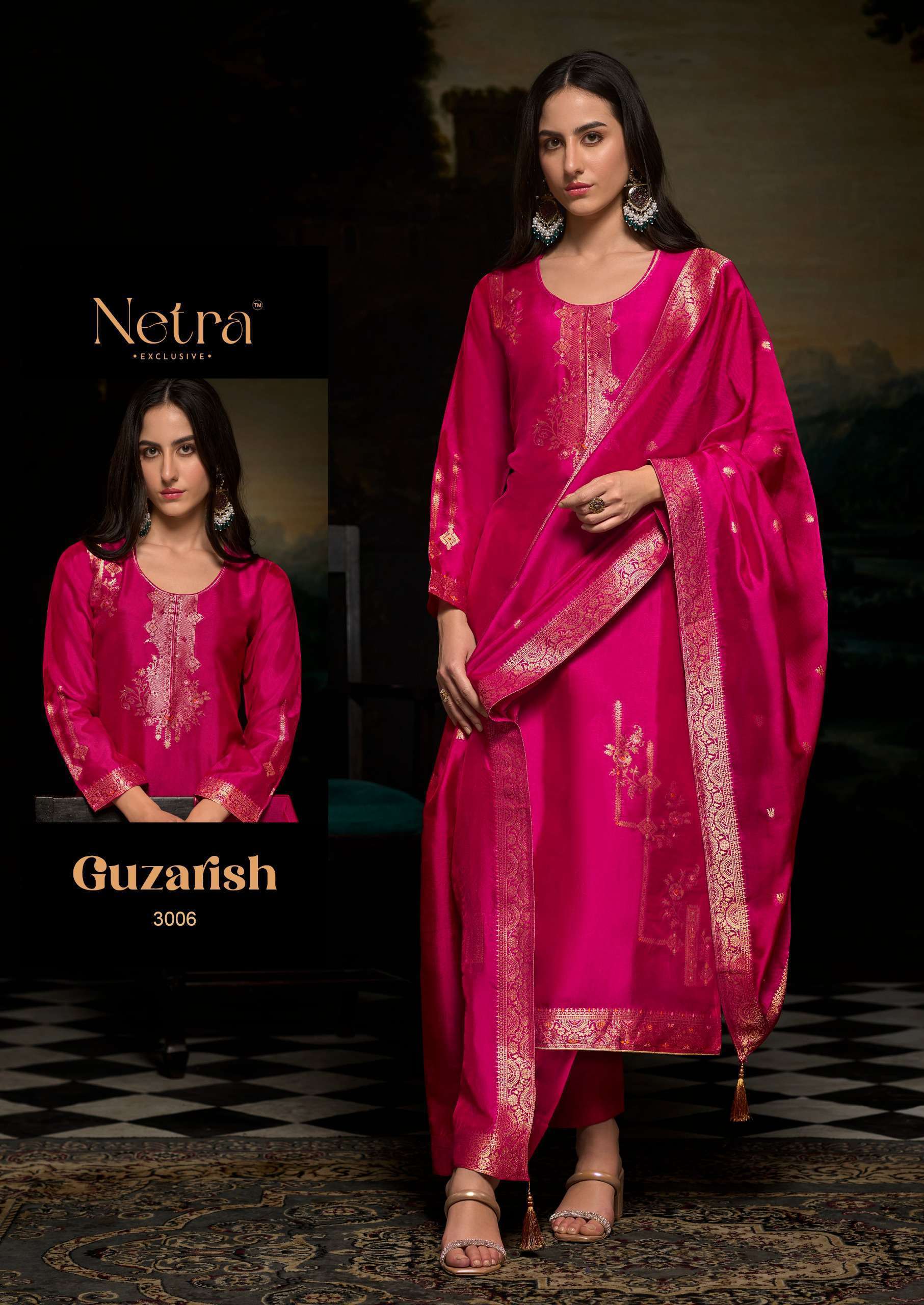 NETRA GUZARISH BY AQSAWHOLESALE 3001 TO 3006 SERIES PURE PREMIM SILK WORK DRESSES